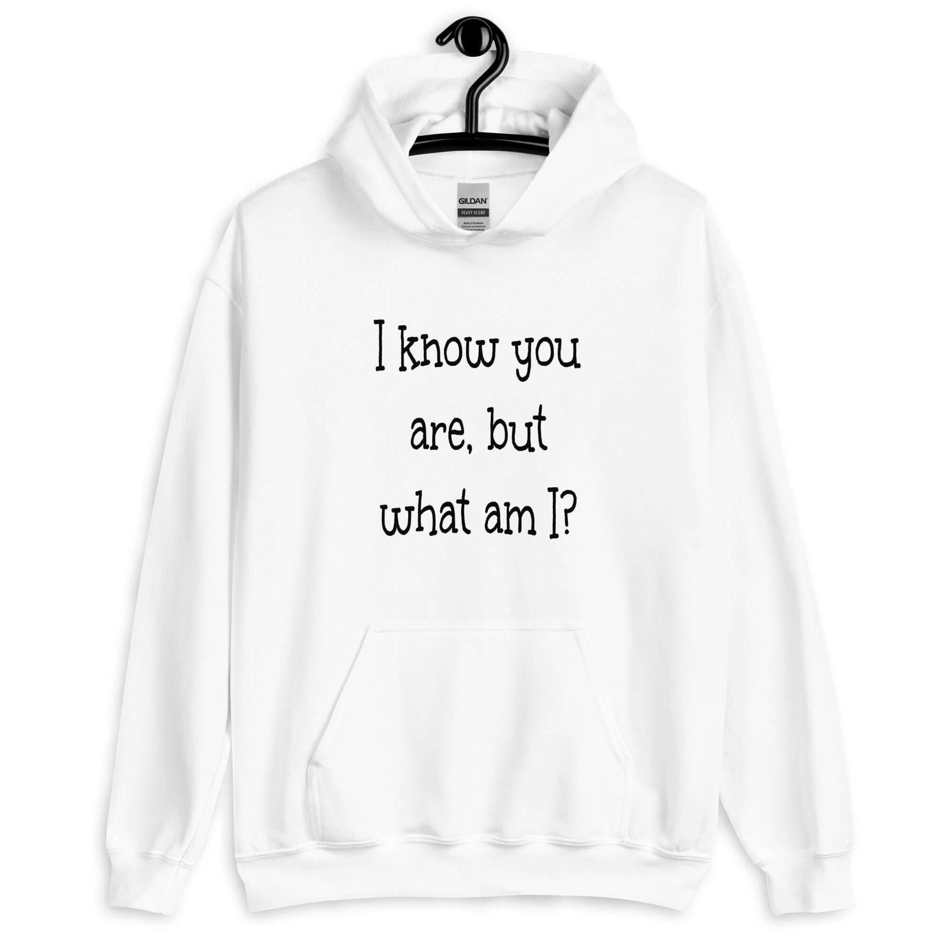 White hoodie sweatshirt with the childish phrase I know you are but what am I with a question mark printed on the front.