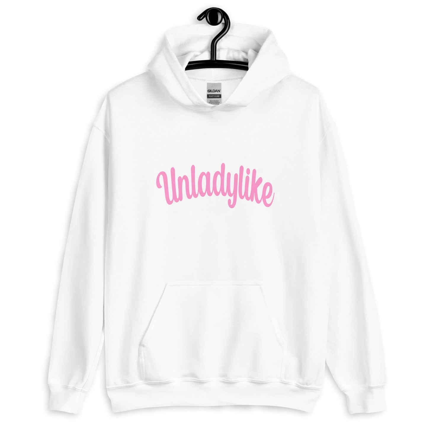 White hoodie sweatshirt with the word Unladylike printed on the front in pink.