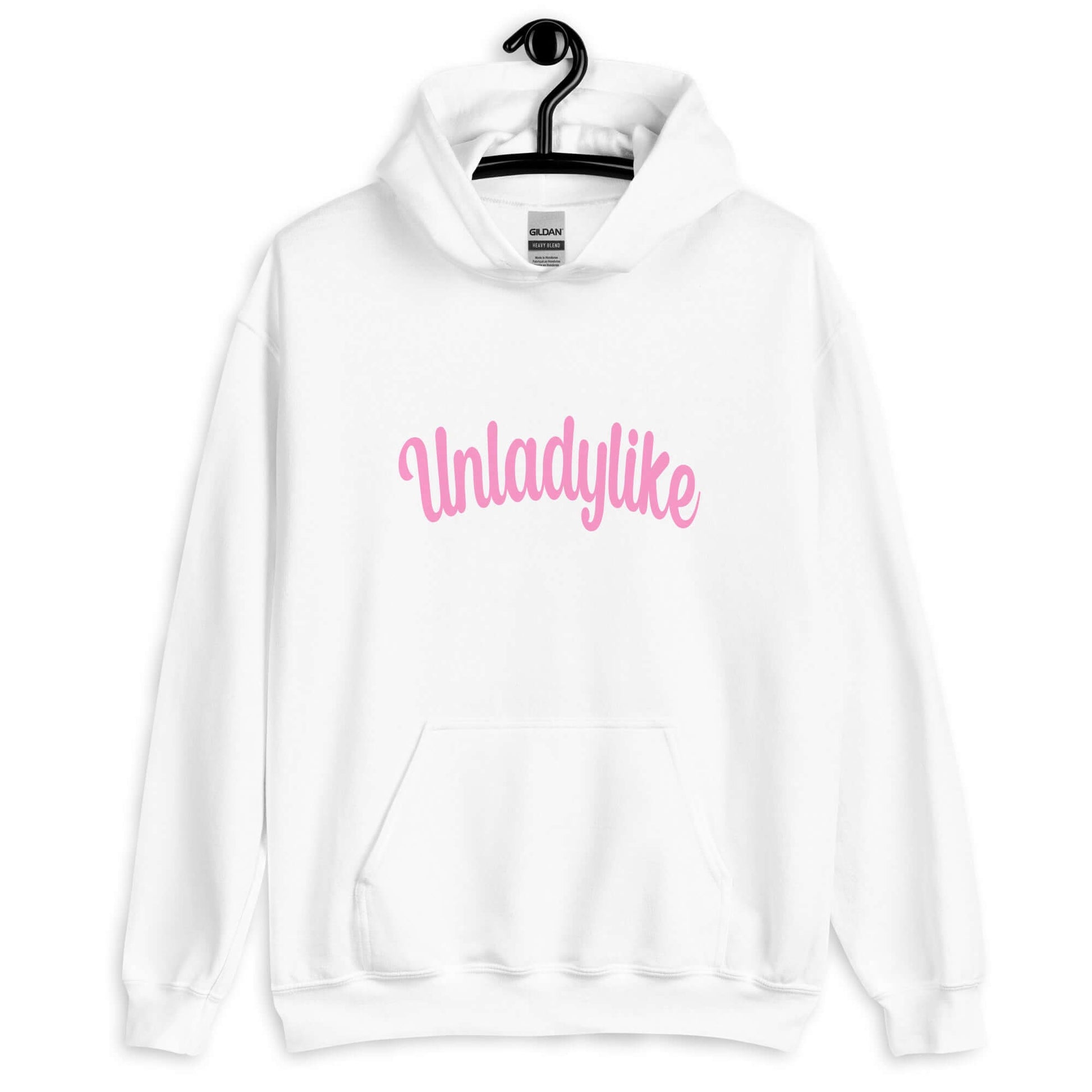 White hoodie sweatshirt with the word Unladylike printed on the front in pink.