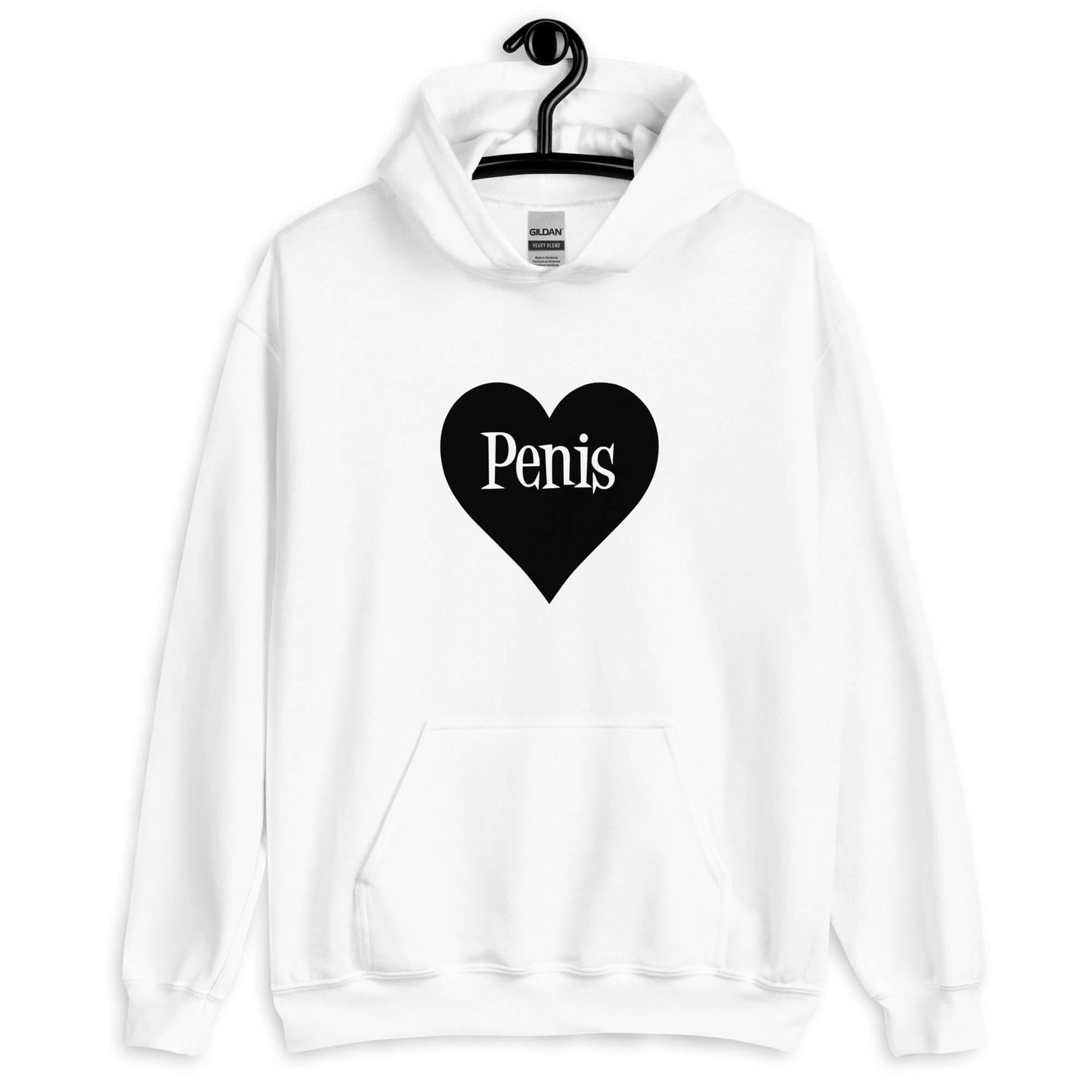 White hoodie sweatshirt with a heart image printed on the front. The word penis is inside the heart