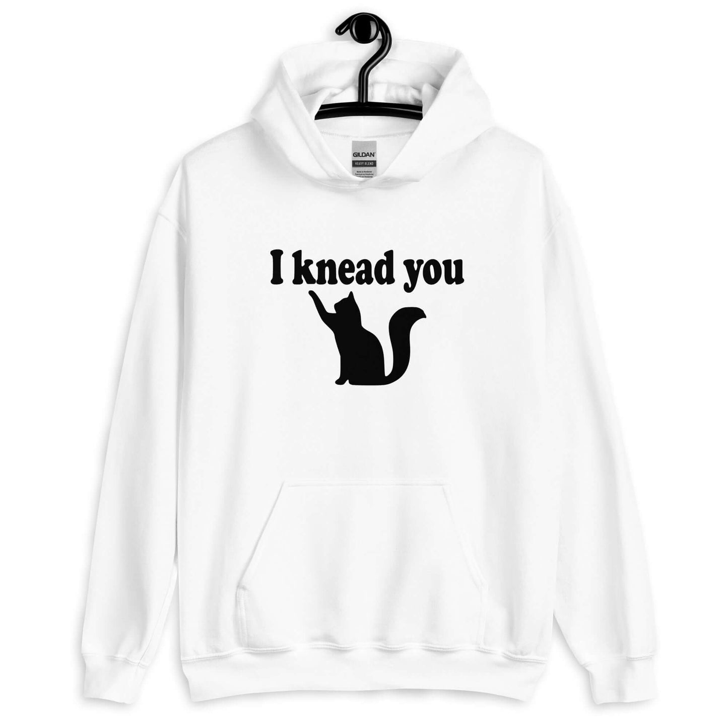 White hoodie sweatshirt that has an image of a silhouette of a cat and the words I knead you printed on the front.