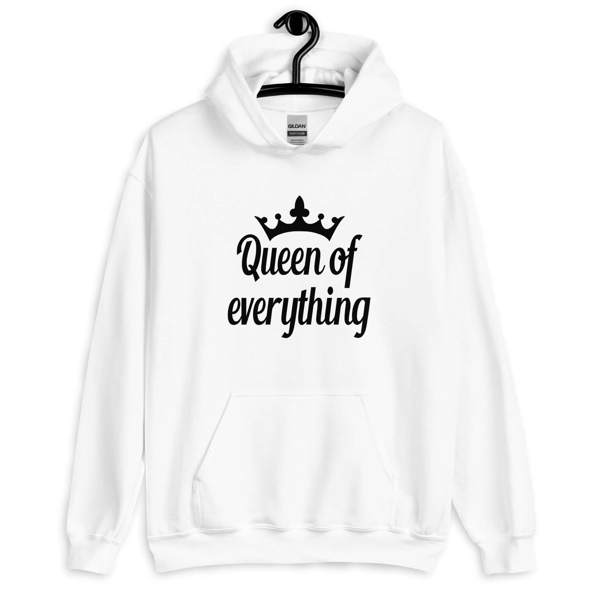 White hoodie sweatshirt with an image of a crown and the phrase Queen of everything printed on the front.