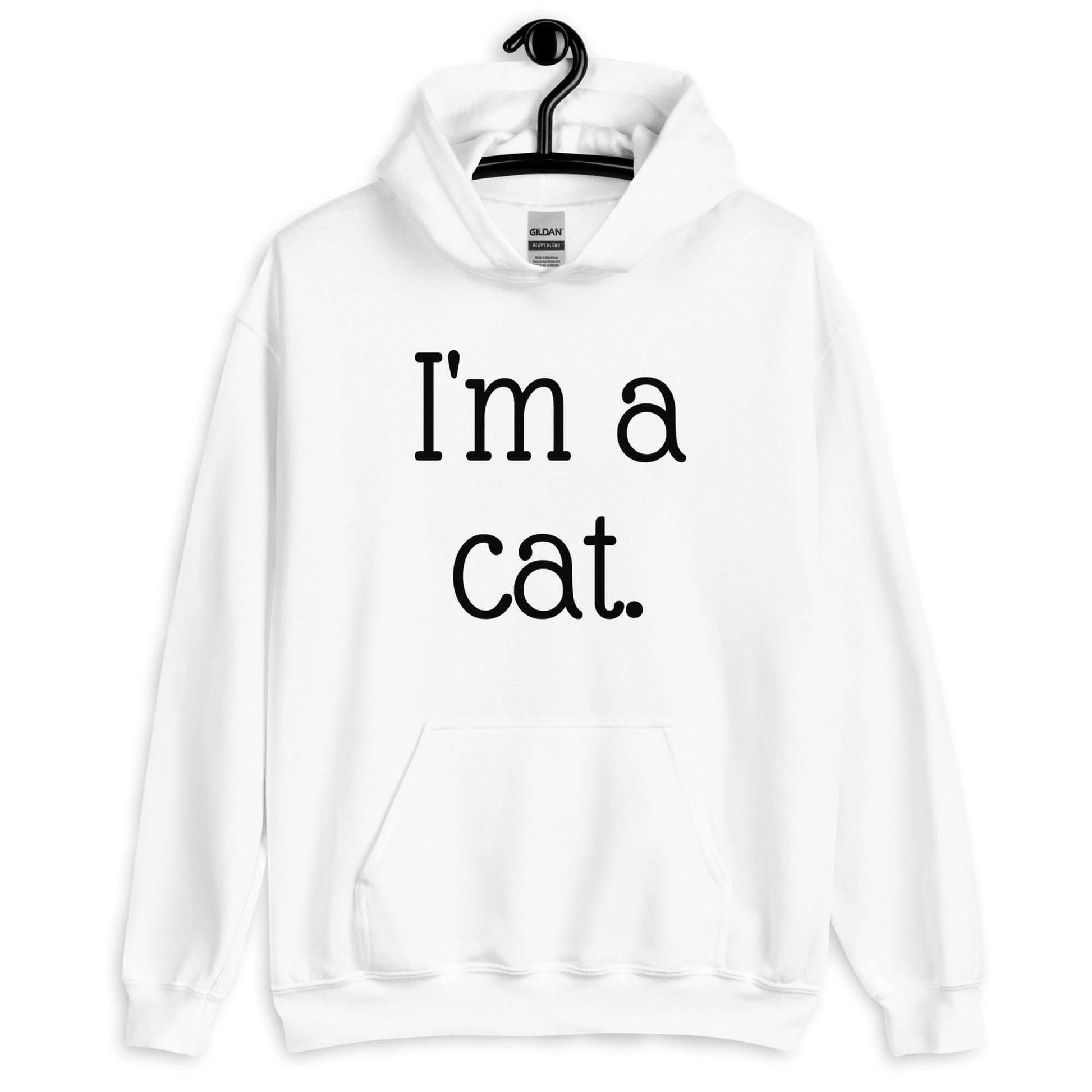 White hoodie sweatshirt with the words I'm a cat printed on the front.