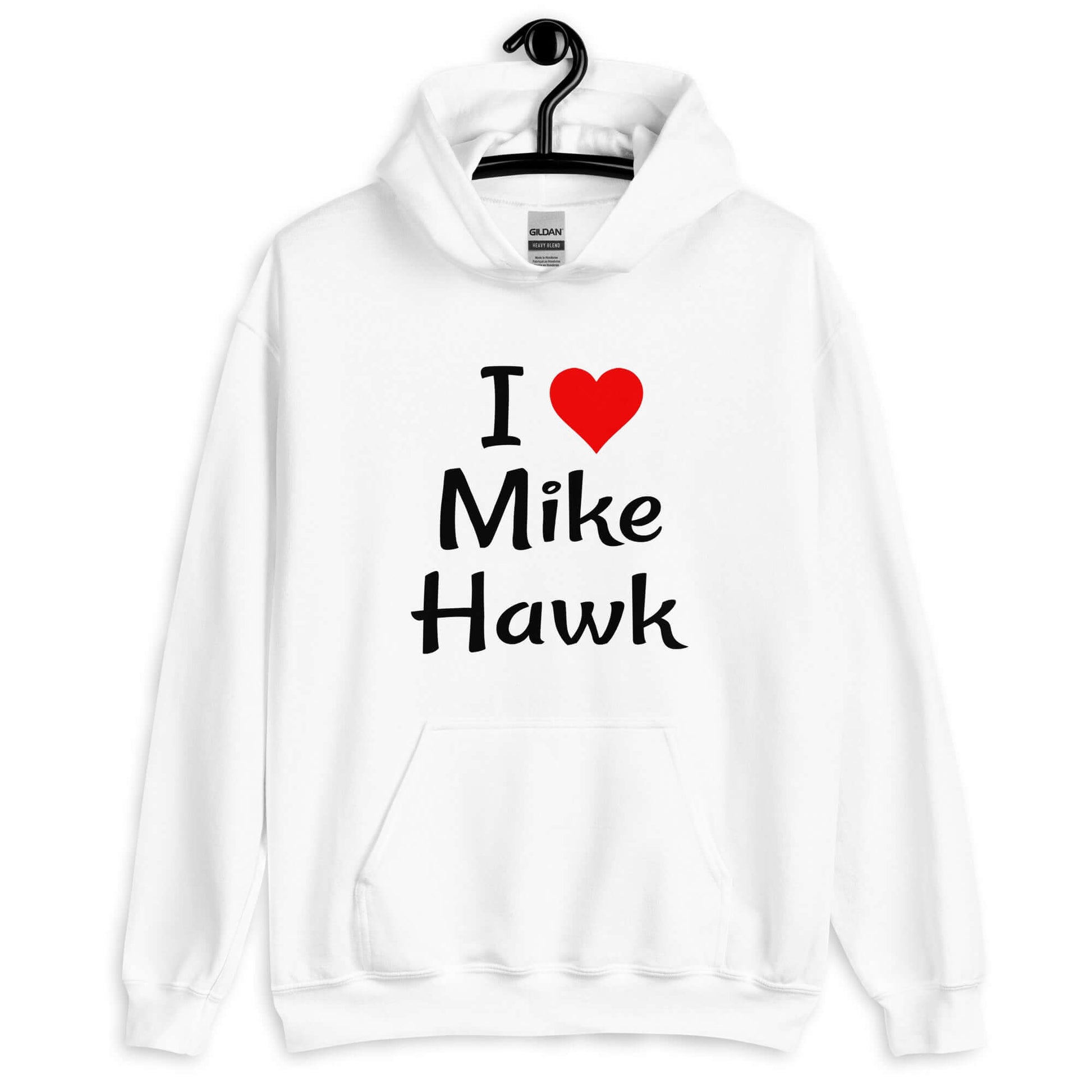 White hoodie sweatshirt with the pun I heart Mike Hawk printed on the front.