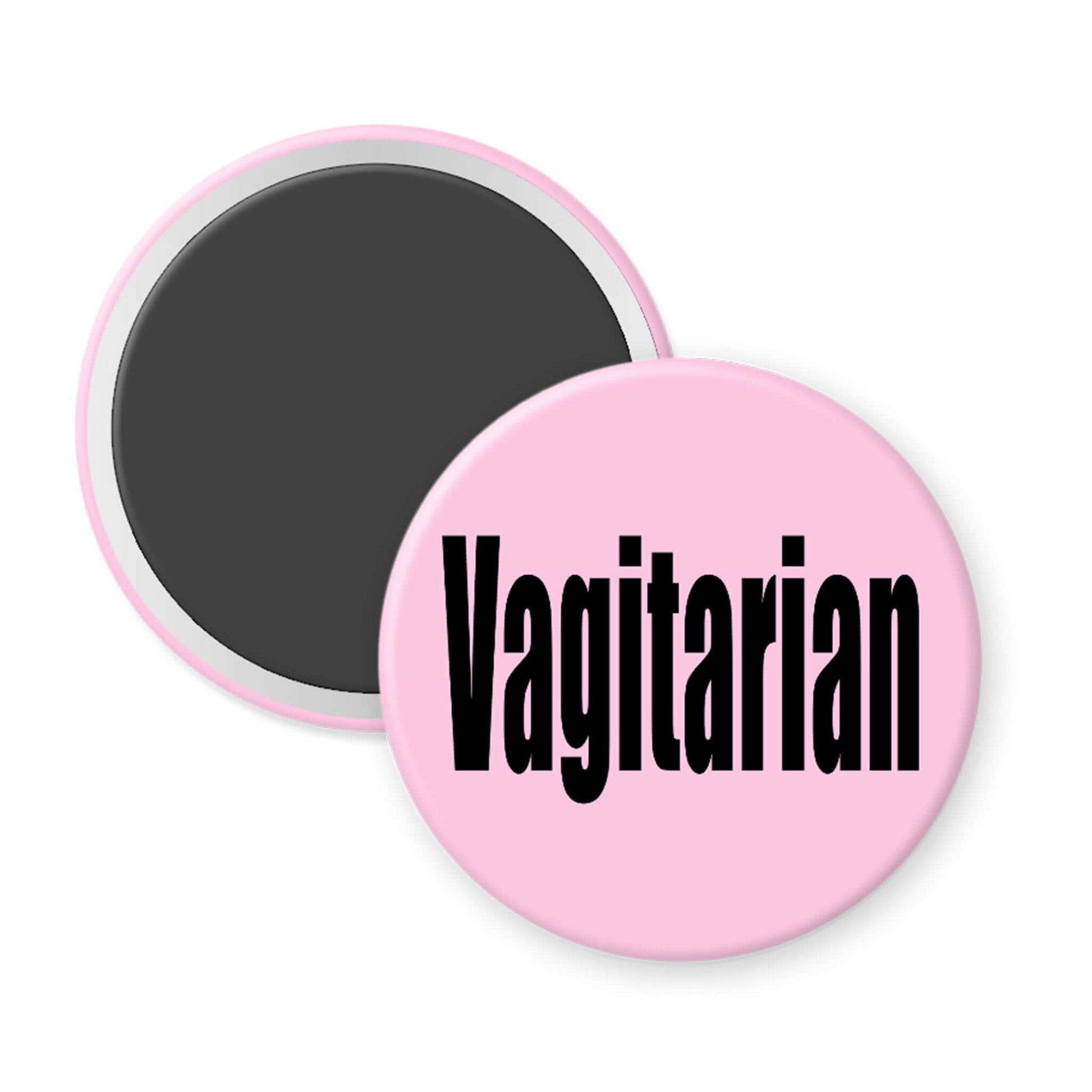 Pink magnet with 'Vagitarian' text on a white background