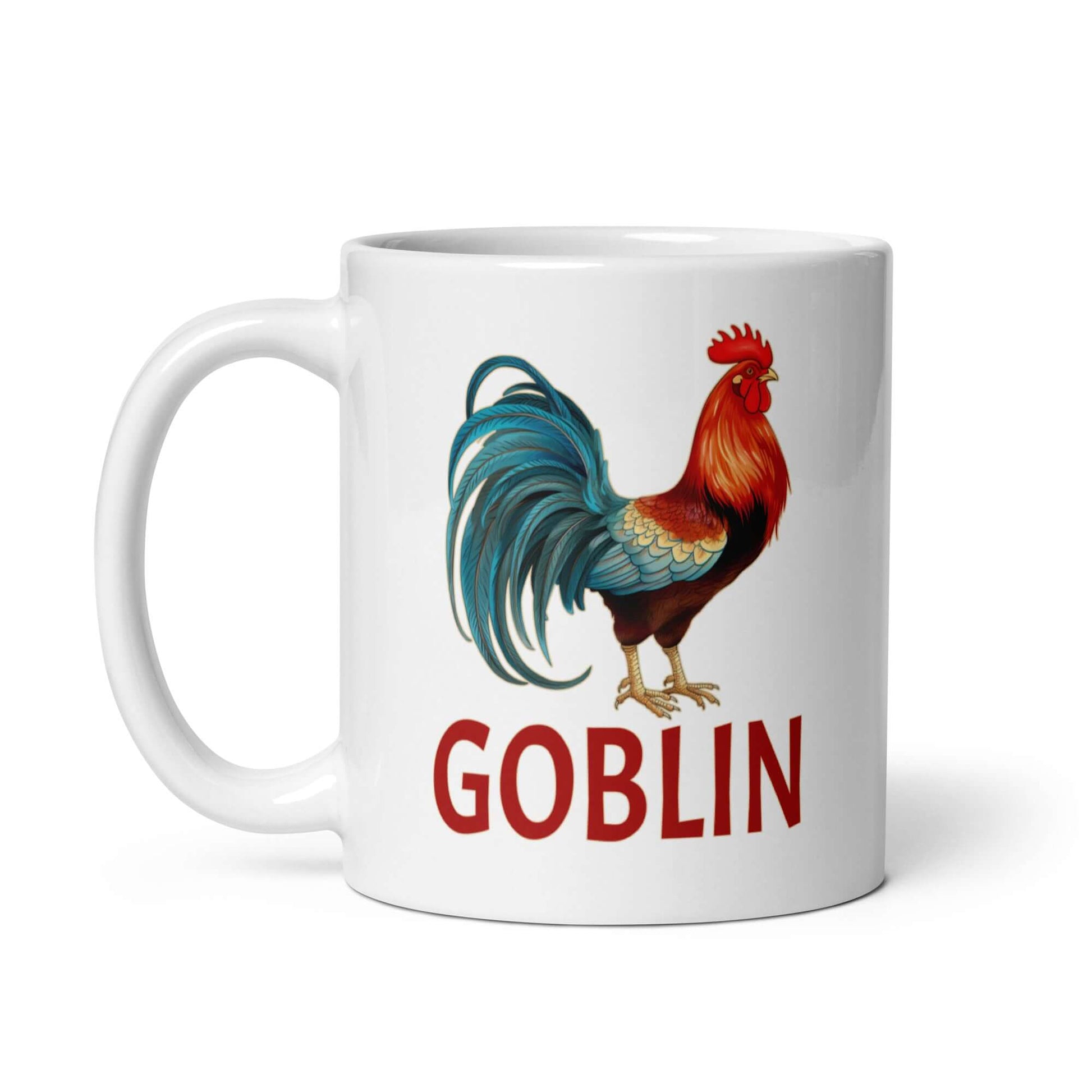 White ceramic coffee mug with image of a rooster and the word goblin under.