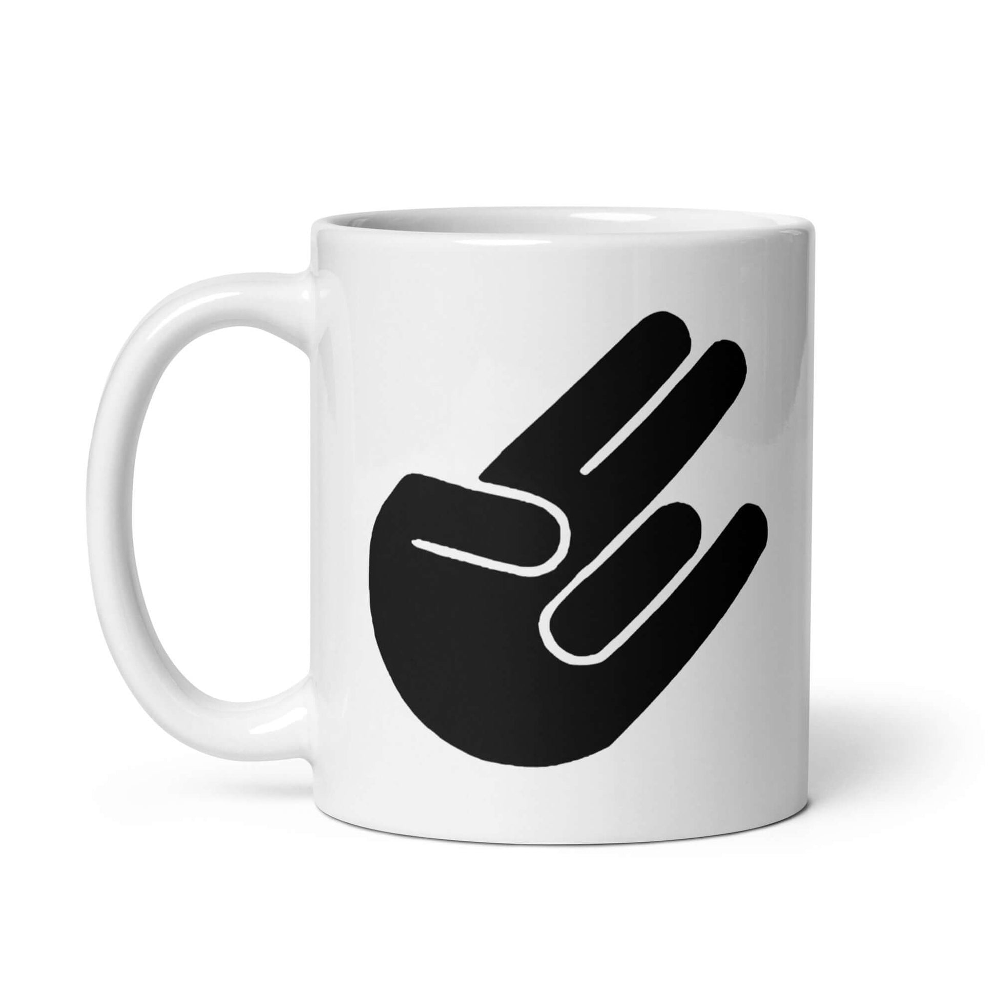 White ceramic coffee mug with the universal hand symbol for The Shocker printed on both sides of the mug.