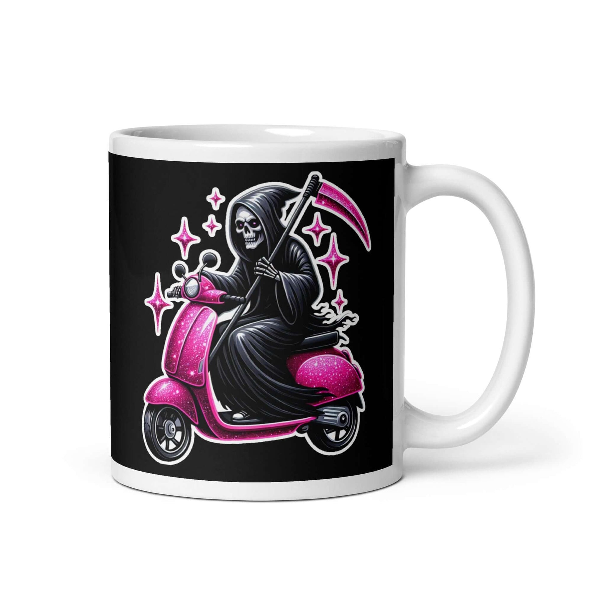 Coffee mug with graphic of a Grim reaper riding a pink glitter scooter with pink glitter embellishments 