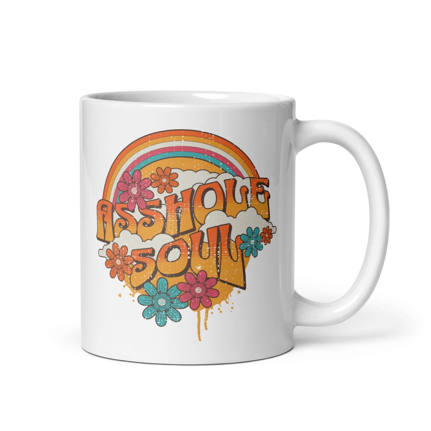 White ceramic mug with retro looking distressed rainbow graphic and the words Asshole Soul. The graphics are printed on both sides of the mug.