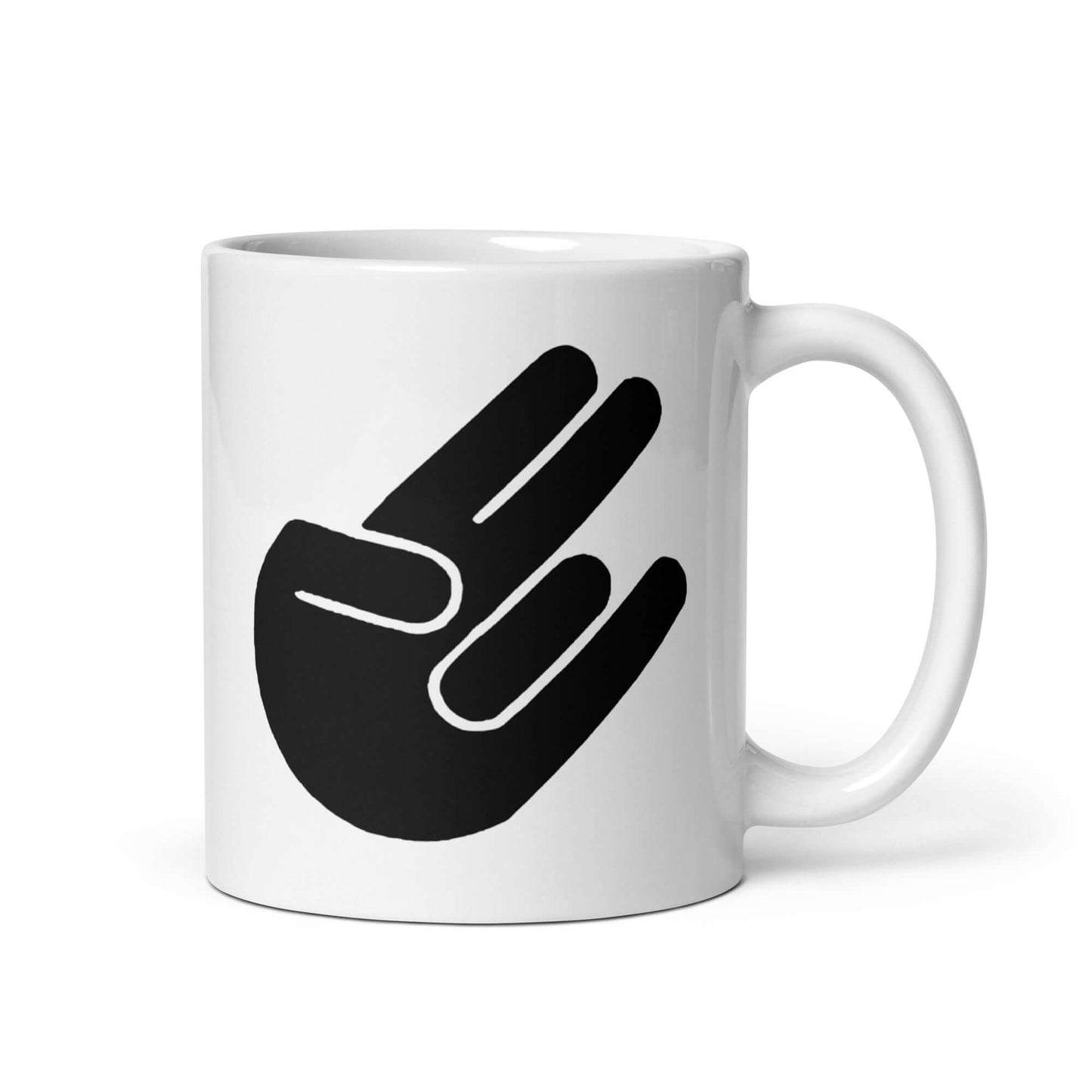 White ceramic coffee mug with the universal hand symbol for The Shocker printed on both sides of the mug.