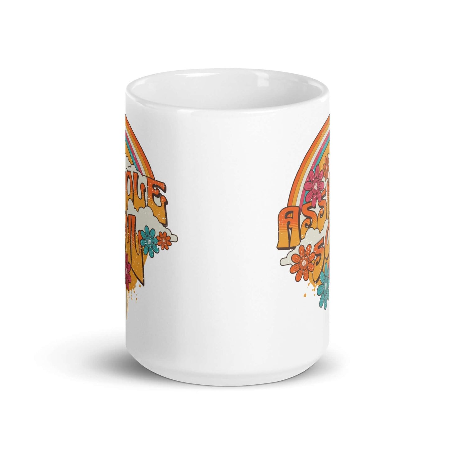 White ceramic mug with retro looking distressed rainbow graphic and the words Asshole Soul. The graphics are printed on both sides of the mug.