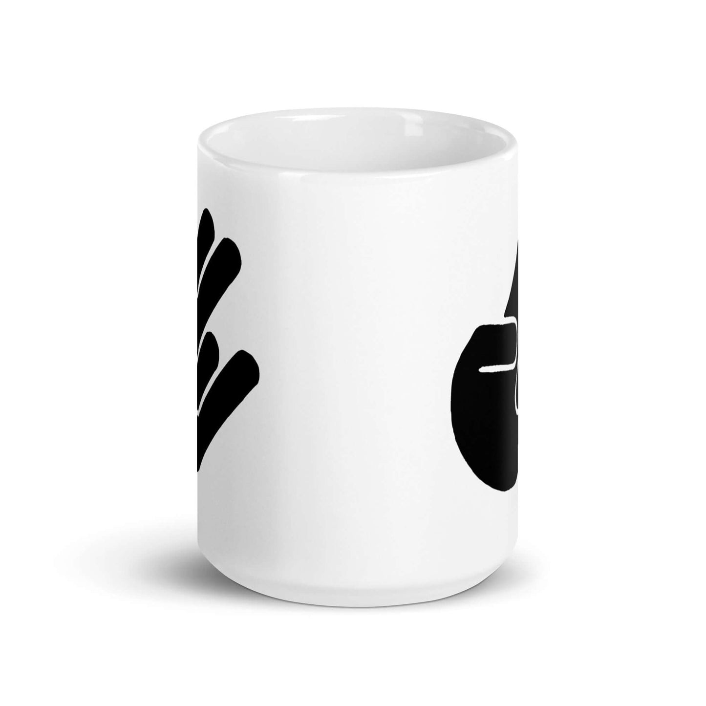 White ceramic coffee mug with the universal hand symbol for The Shocker printed on both sides of the mug.