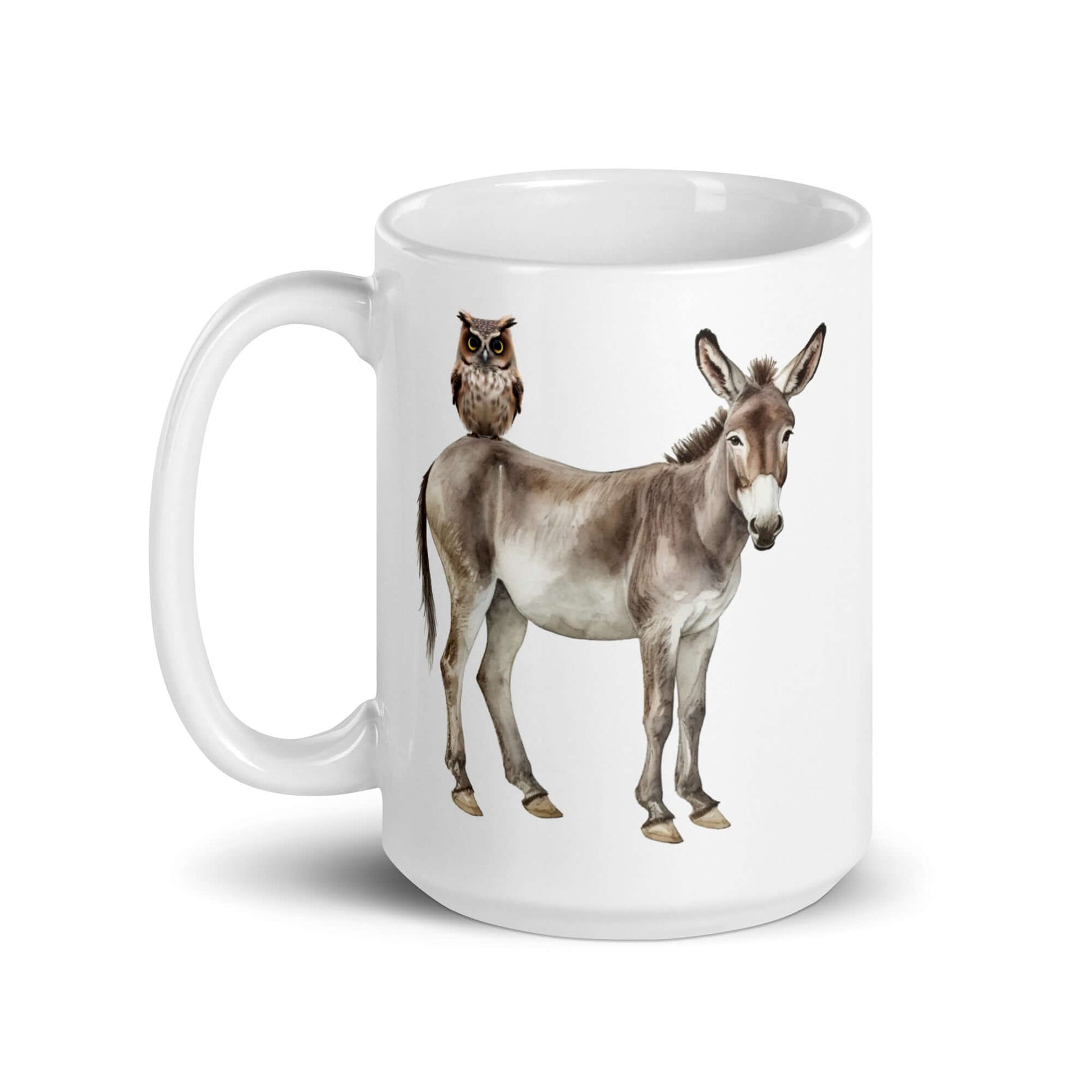 White ceramic coffee mug with an image of a donkey with wise owl sitting on it printed on both sides of the mug.