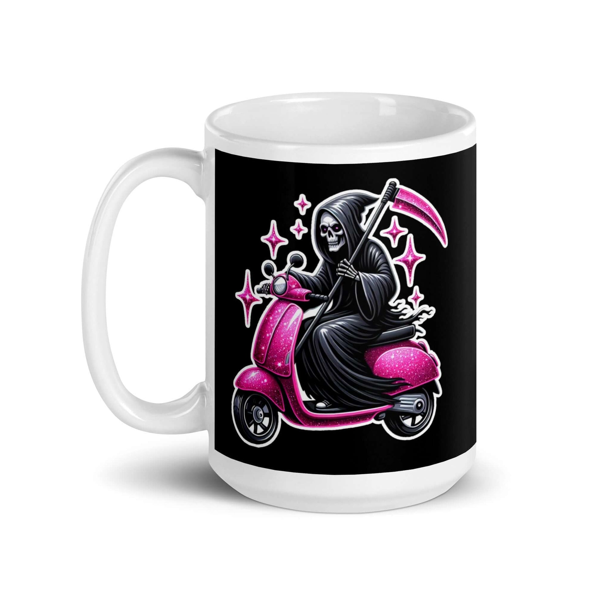 Coffee mug with graphic of a Grim reaper riding a pink glitter scooter with pink glitter embellishments 