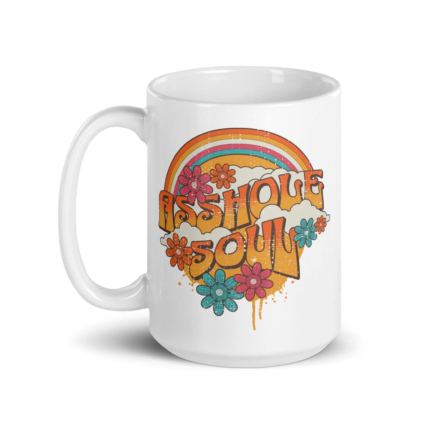 White ceramic mug with retro looking distressed rainbow graphic and the words Asshole Soul. The graphics are printed on both sides of the mug.