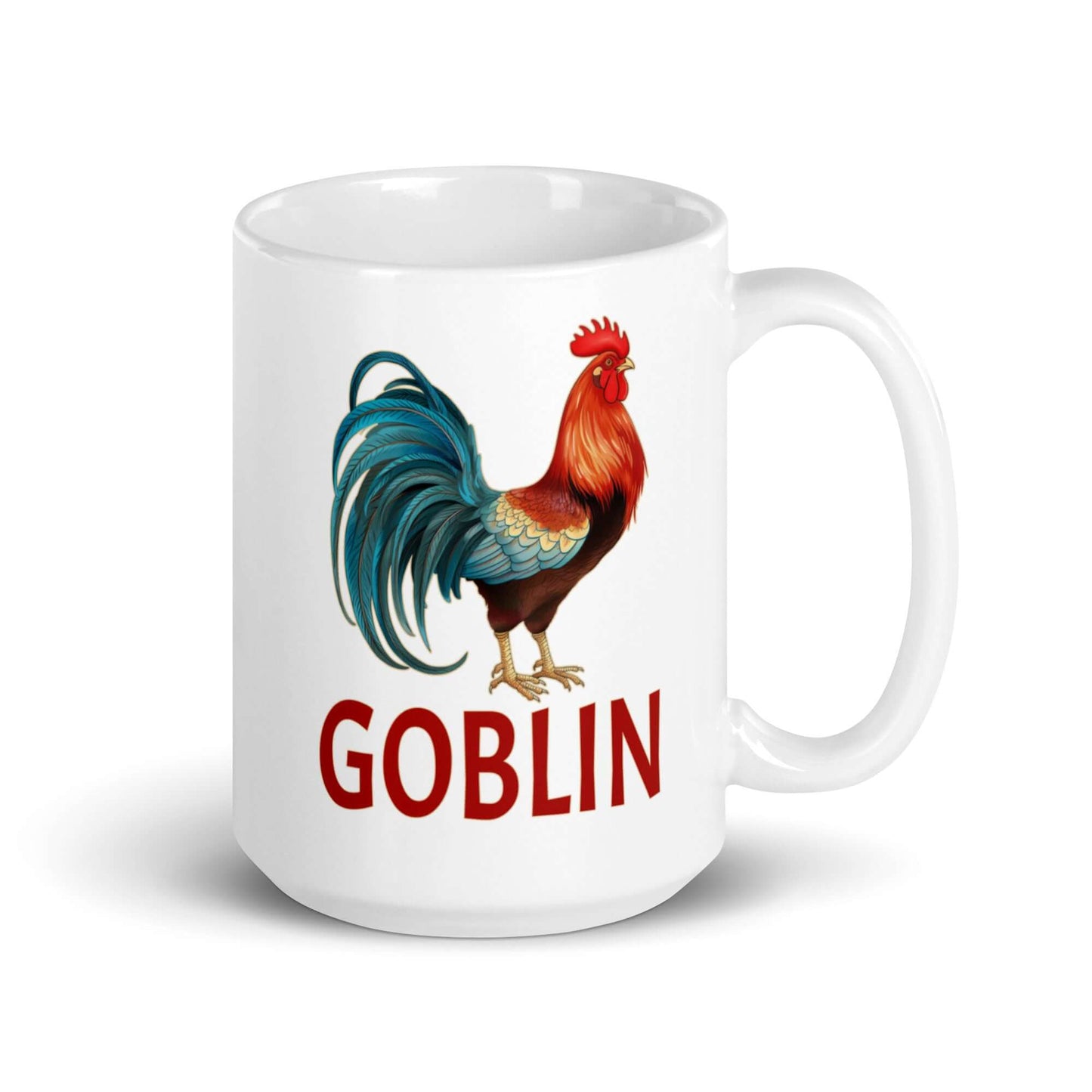 White ceramic coffee mug with image of a rooster and the word goblin under.