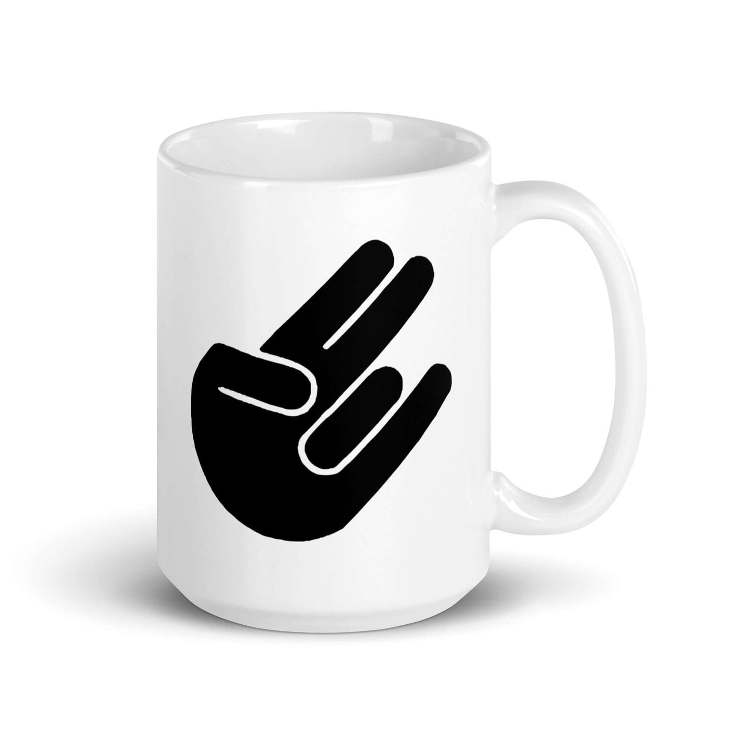 White ceramic coffee mug with the universal hand symbol for The Shocker printed on both sides of the mug.