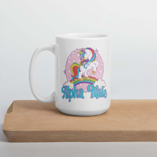 White ceramic coffee mug with funny Alpha Male pastel unicorn design printed on both sides of the mug.