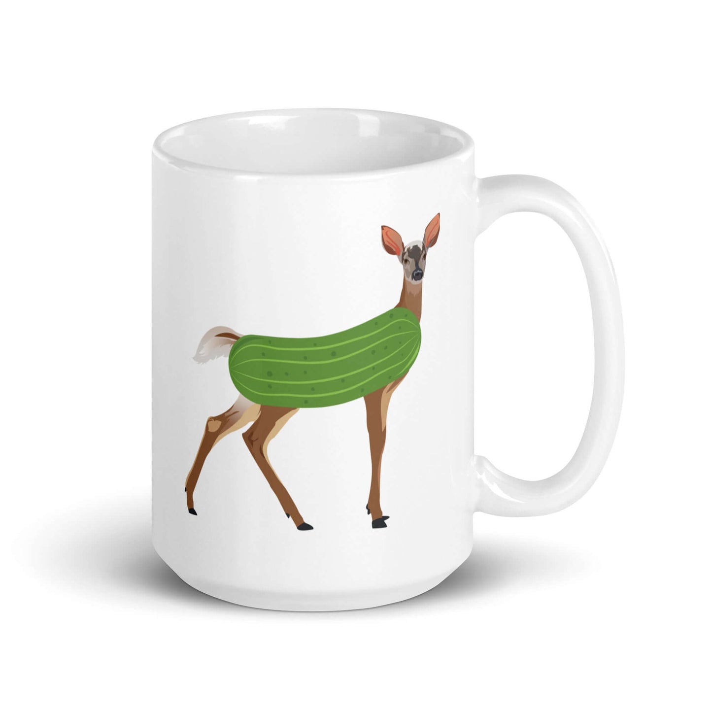 White ceramic dildo pun coffee mug with funny image of a doe deer with a dill pickle body printed on both sides of the mug.