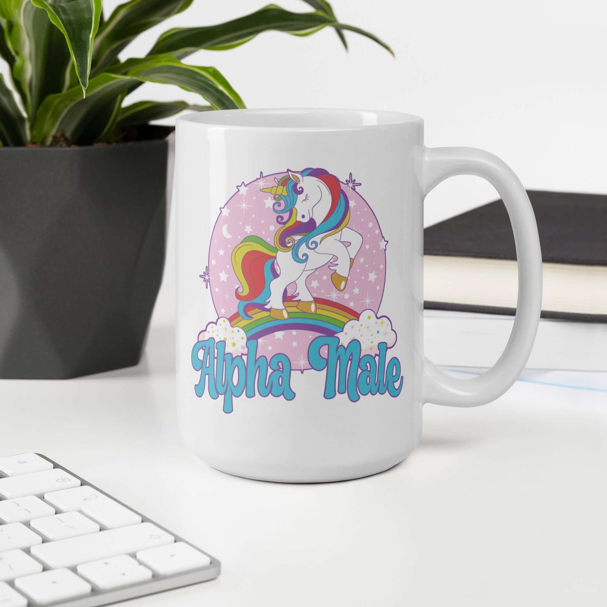 White ceramic coffee mug with funny Alpha Male pastel unicorn design printed on both sides of the mug.