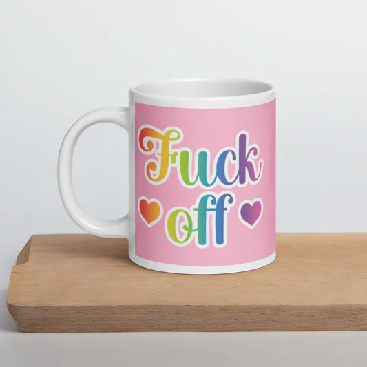 F off rainbow font 80's style ceramic mug