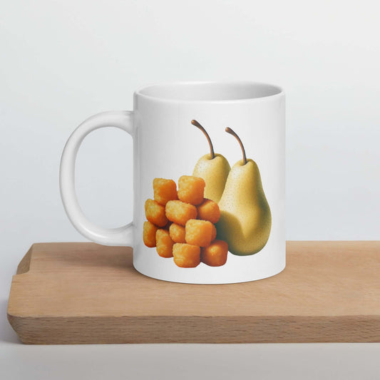 White ceramic mug with an image of tater tots and two pears printed on both sides of the mug.