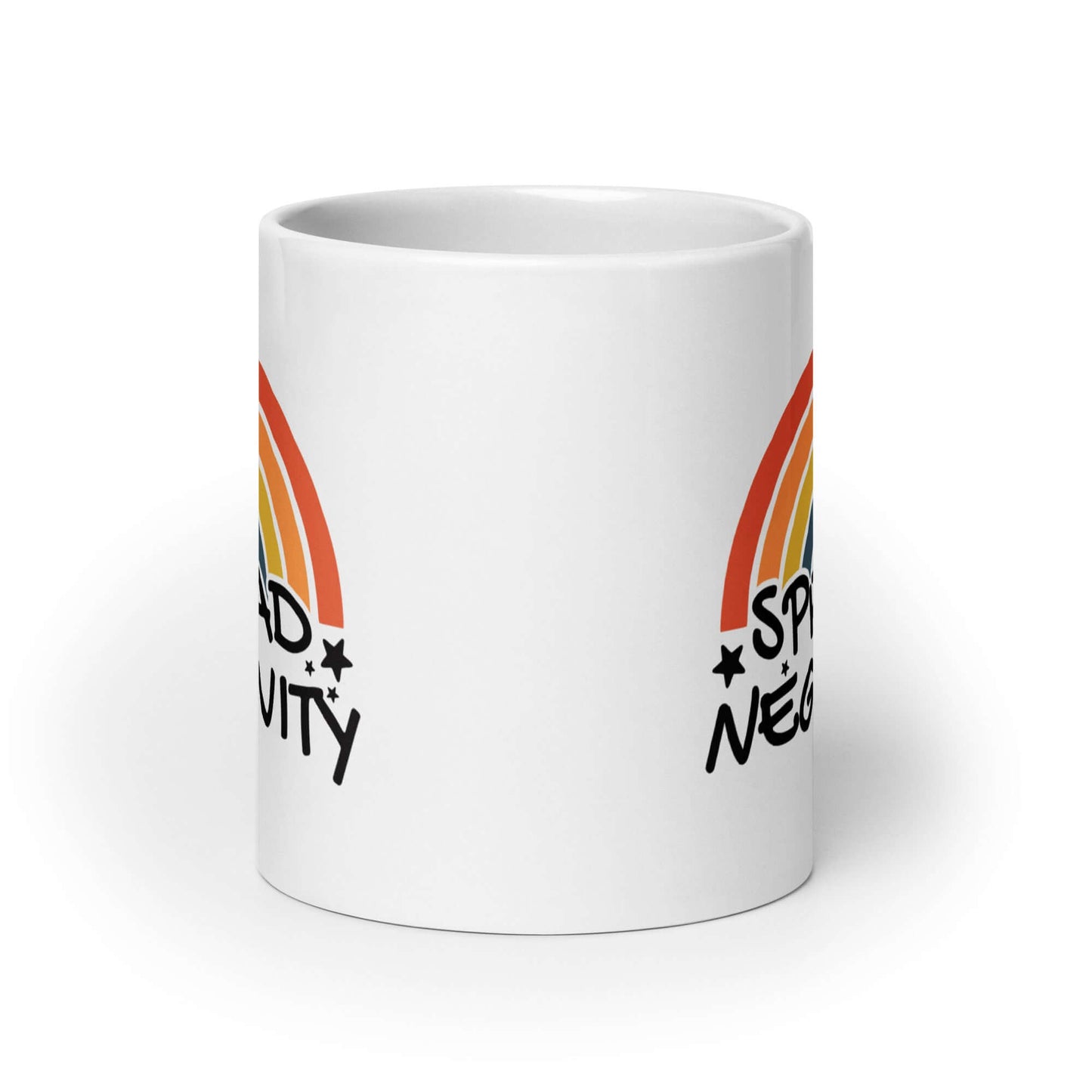 White ceramic mug with a graphic of a rainbow and the words Spread negativity printed on both sides.