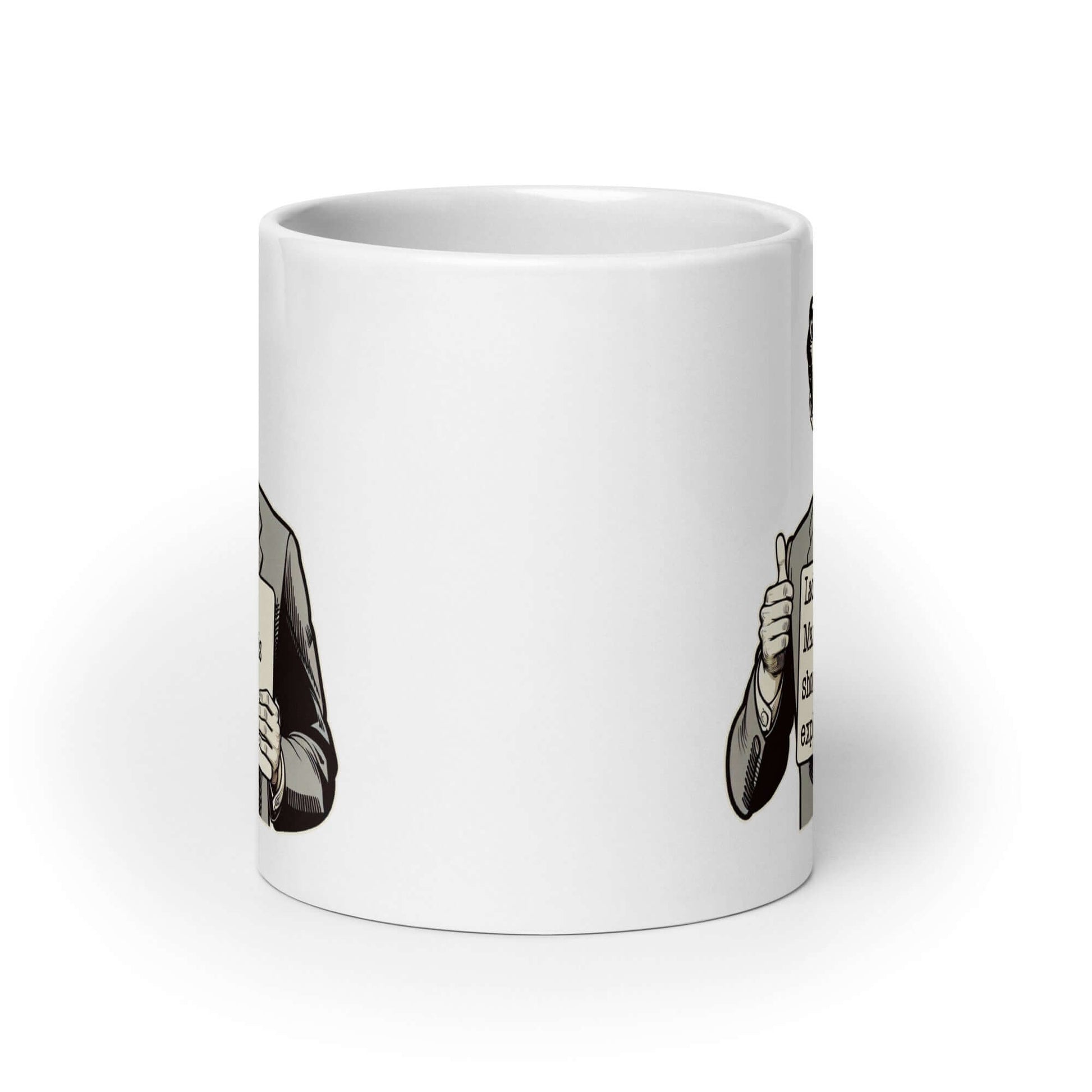 White ceramic coffee mug with graphic of retro man holding sign that says Ladies, mansplaining is short for man explaining printed on both sides.