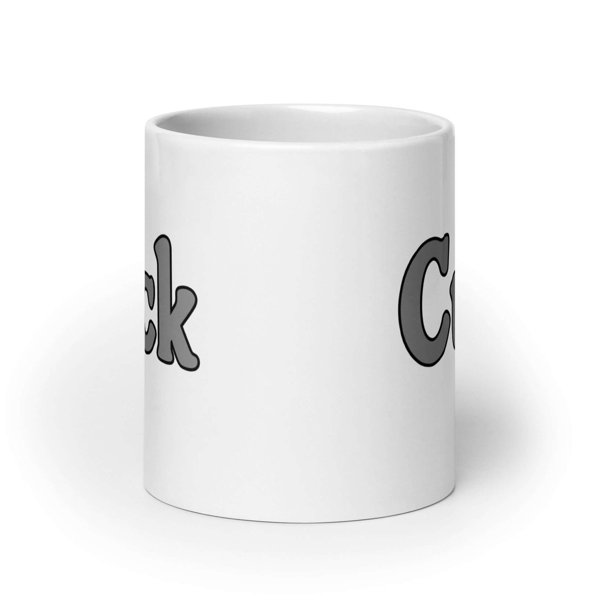 Ceramic coffee mug with the word Cuck printed on both sides.