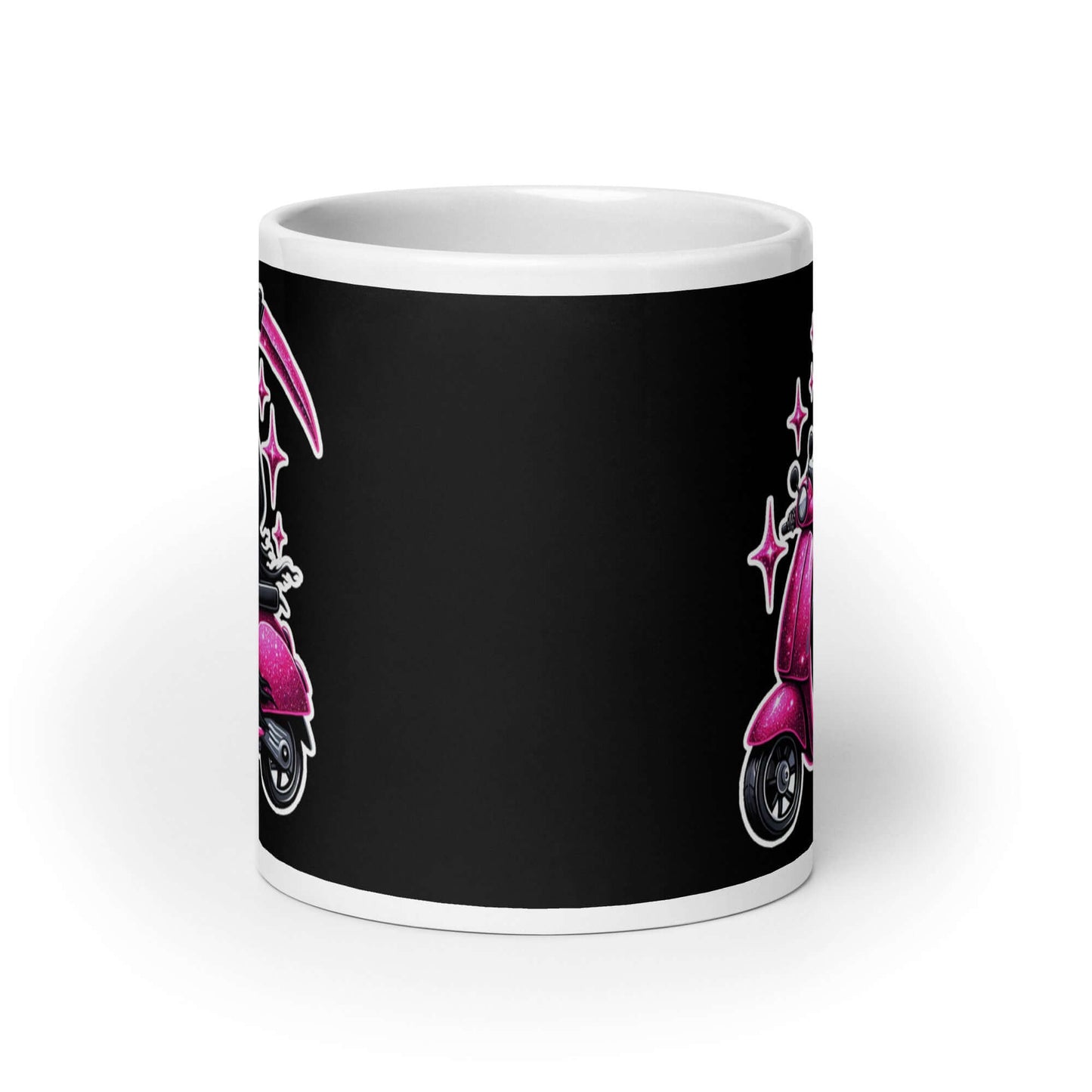 Coffee mug with graphic of a Grim reaper riding a pink glitter scooter with pink glitter embellishments 