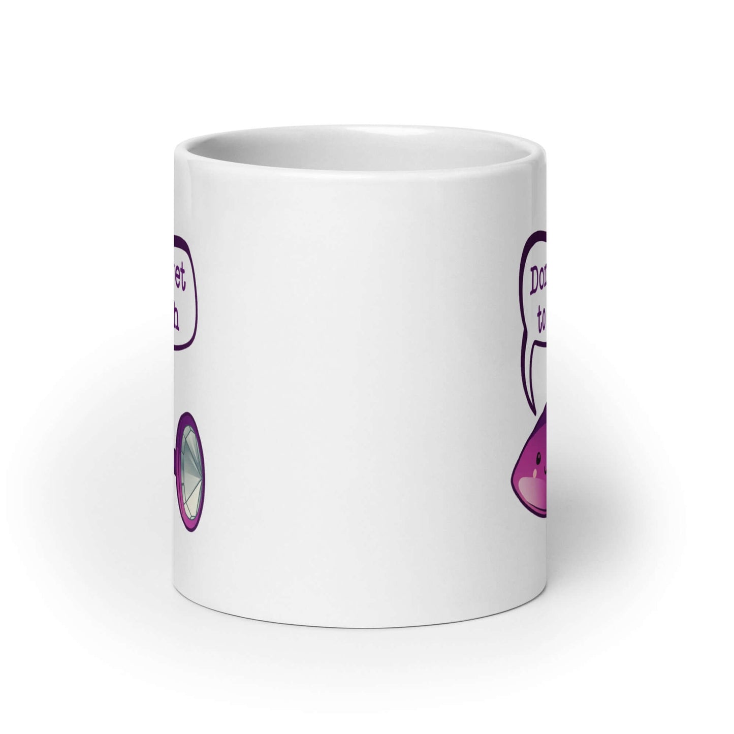 White ceramic mug that has image of a purple anal plug with a smile face with a speech bubble above with the words Don't forget to stretch. The graphics are printed on both sides of the mug.