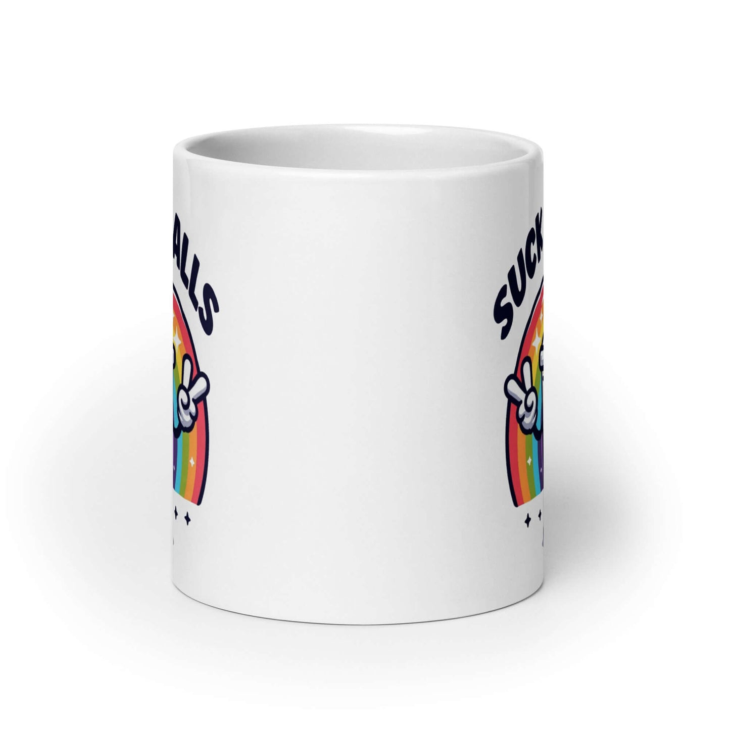 White ceramic mug with graphics of a rainbow and a smiling boba bubble tea. The bubble tea has arms and legs. The phrase Suck my balls is printed above the rainbow. The graphics are on both sides of the mug