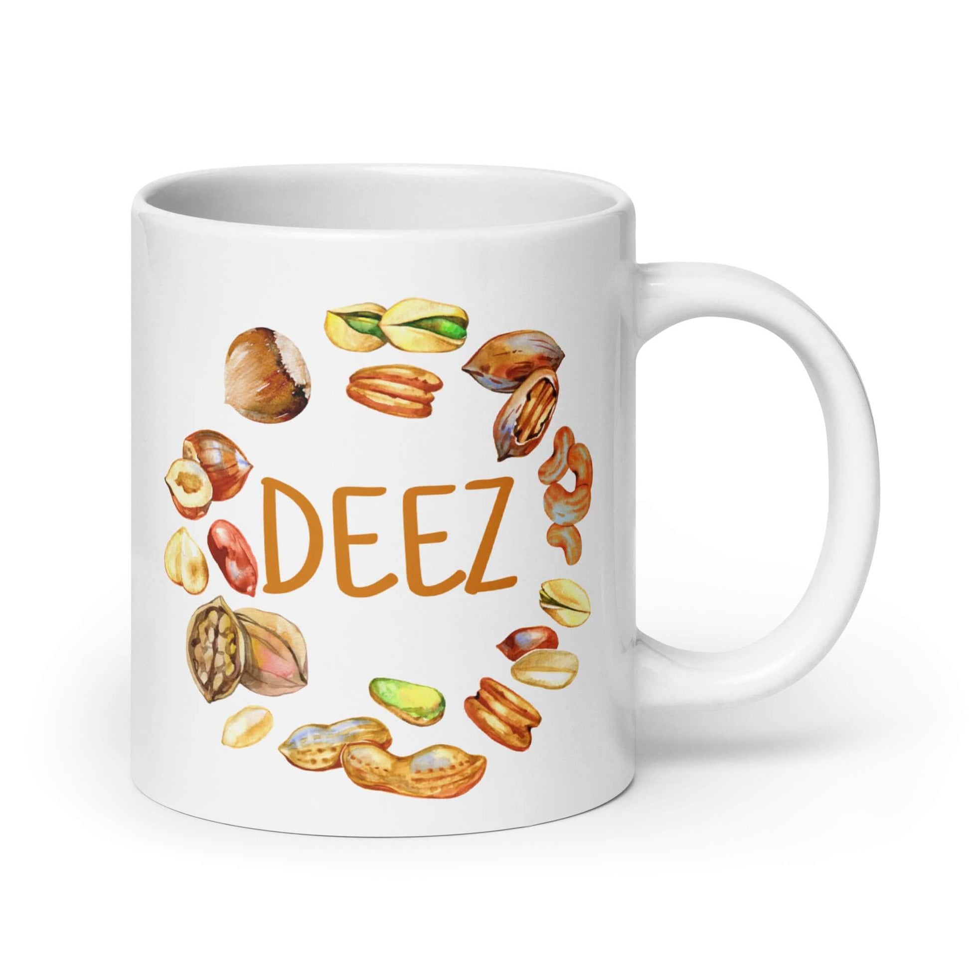 White ceramic mug with an image of various nuts and the word Deez. The graphic is printed on both sides of the mug.
