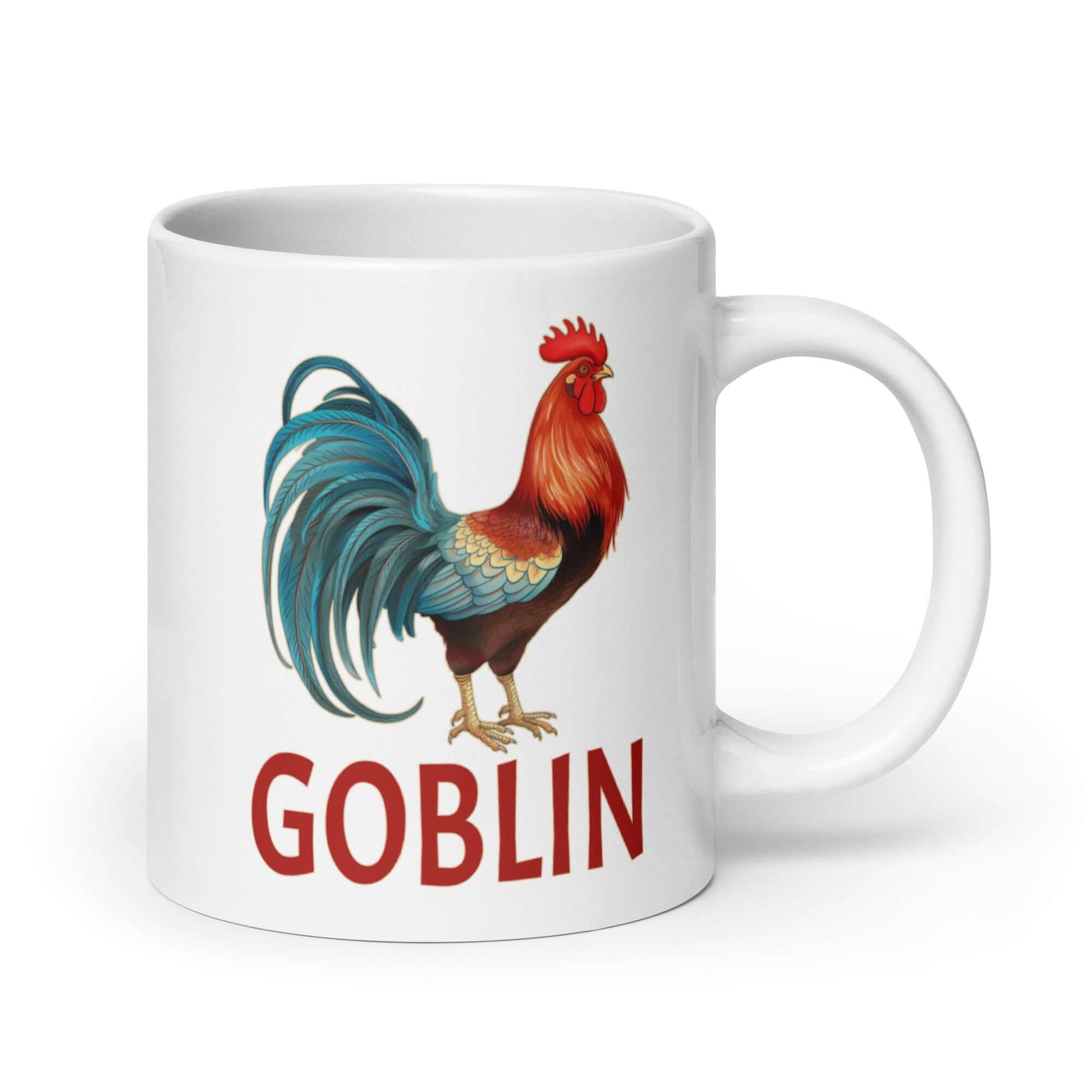 White ceramic coffee mug with image of a rooster and the word goblin under.