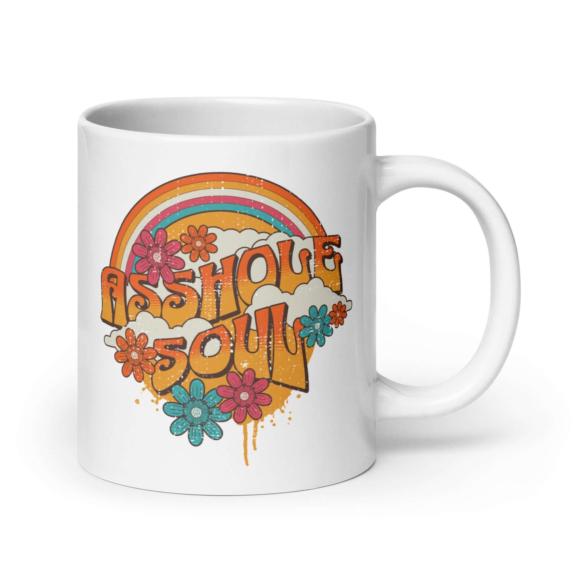 White ceramic mug with retro looking distressed rainbow graphic and the words Asshole Soul. The graphics are printed on both sides of the mug.