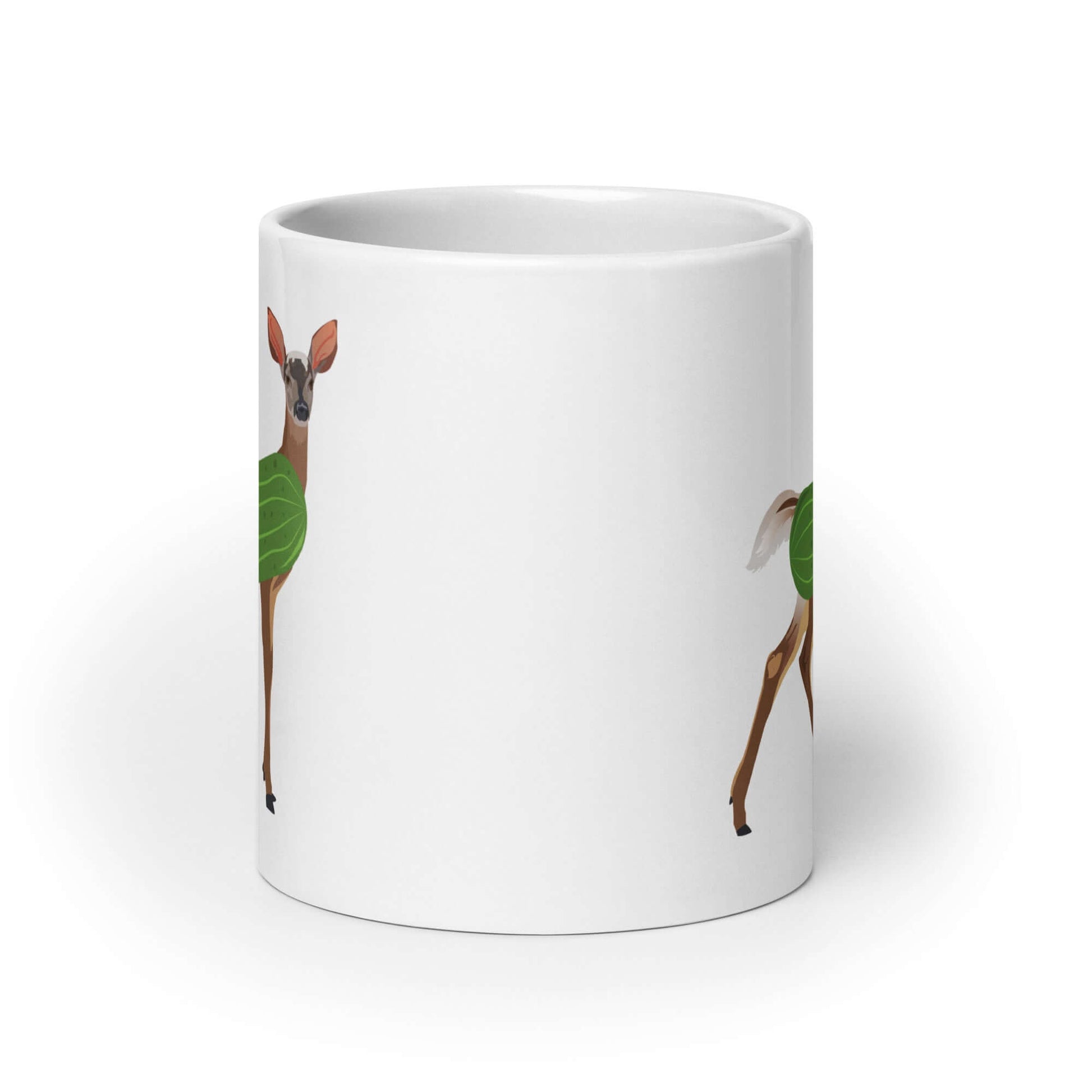 White ceramic dildo pun coffee mug with funny image of a doe deer with a dill pickle body printed on both sides of the mug.