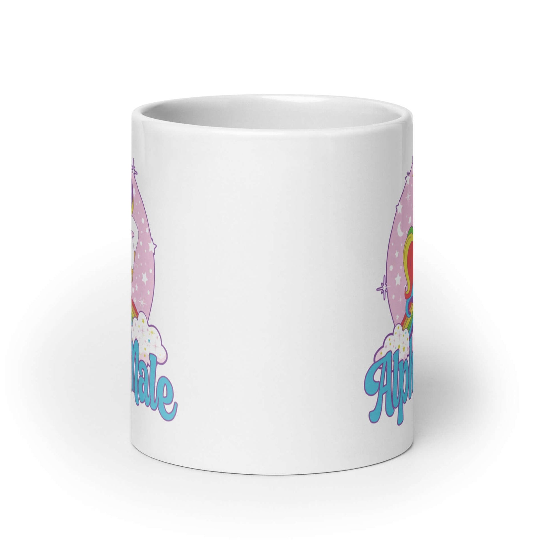 White ceramic coffee mug with funny Alpha Male pastel unicorn design printed on both sides of the mug.