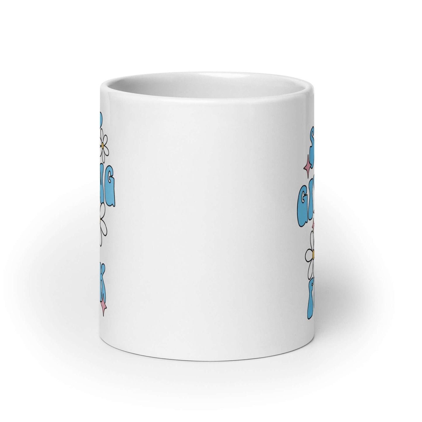 White ceramic coffee mug with stop giving a fuck printed on both sides.