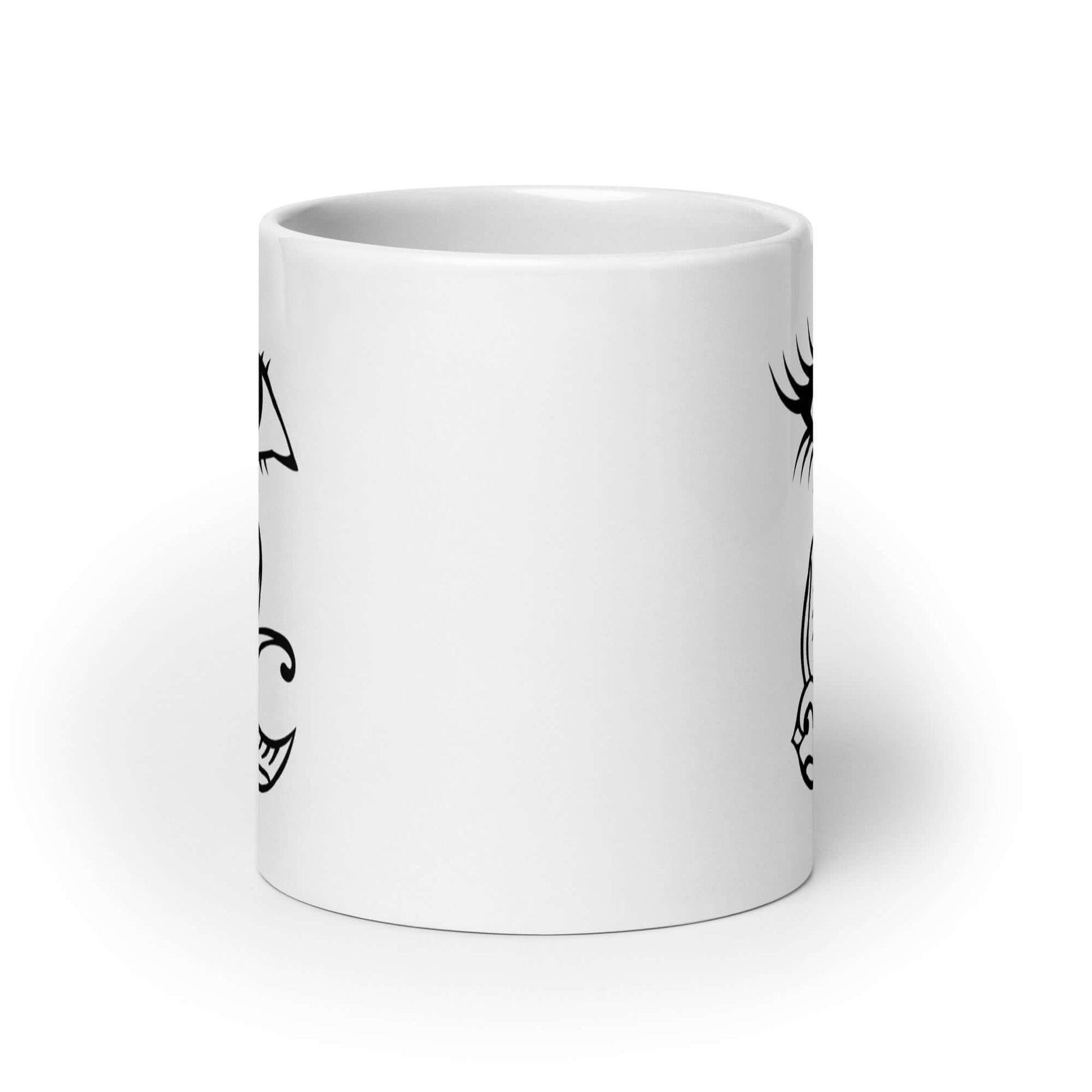 White ceramic mug with outline drawing of an eye and a swallow bird printed on both sides.