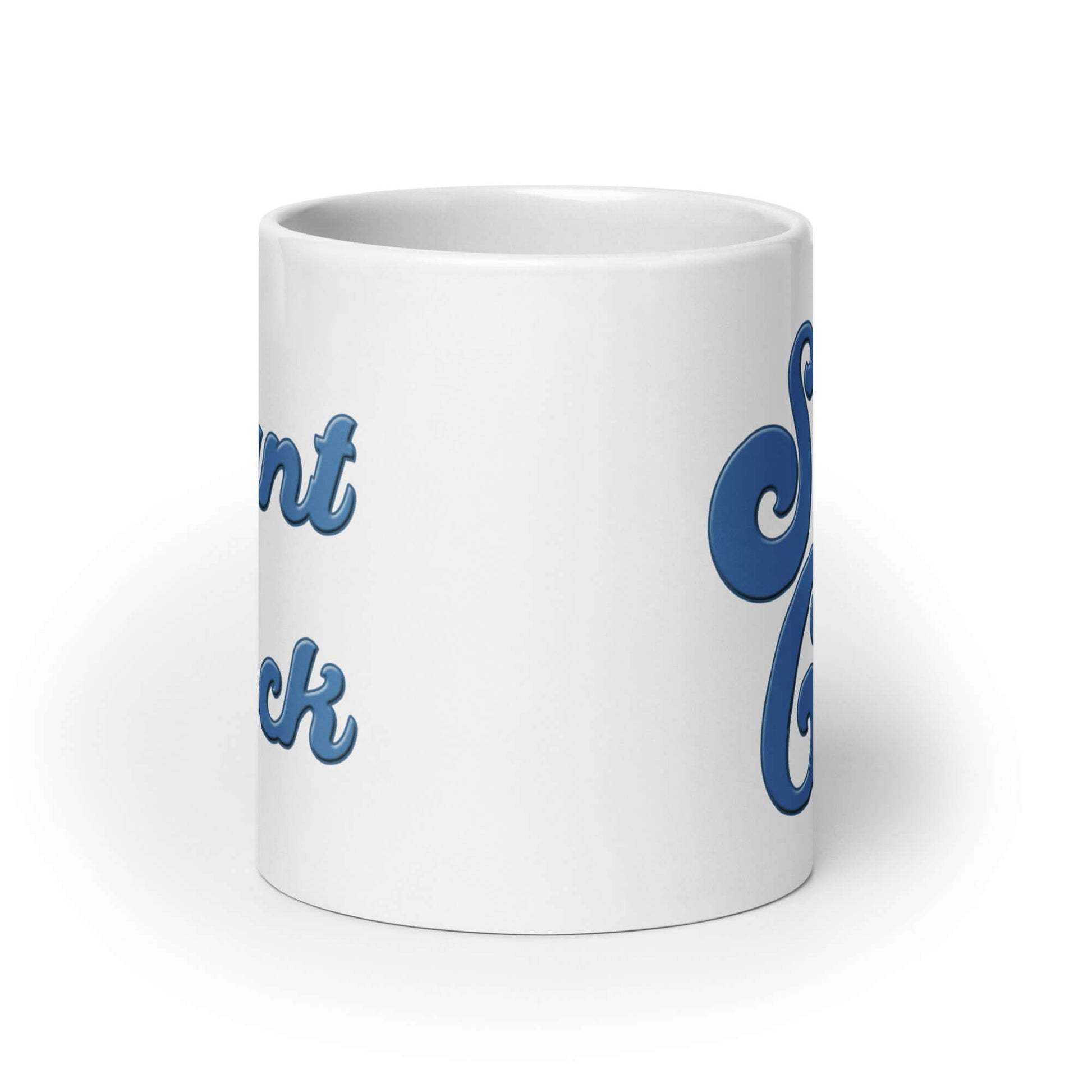 White ceramic mug with the words Stunt Cock printed on both sides in blue.