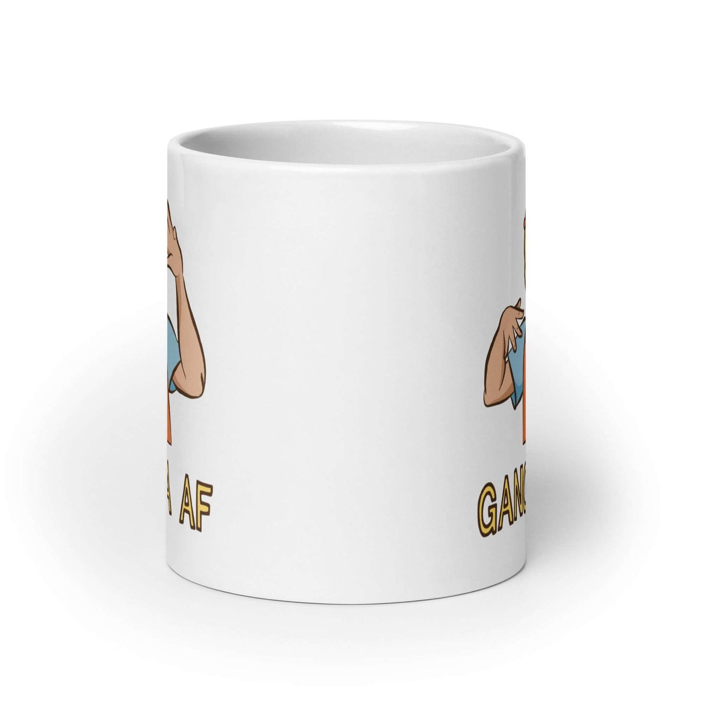 White ceramic mug with a parody image of a blond haired child trying to be a gangster with the words Gangsta AF printed on both sides.