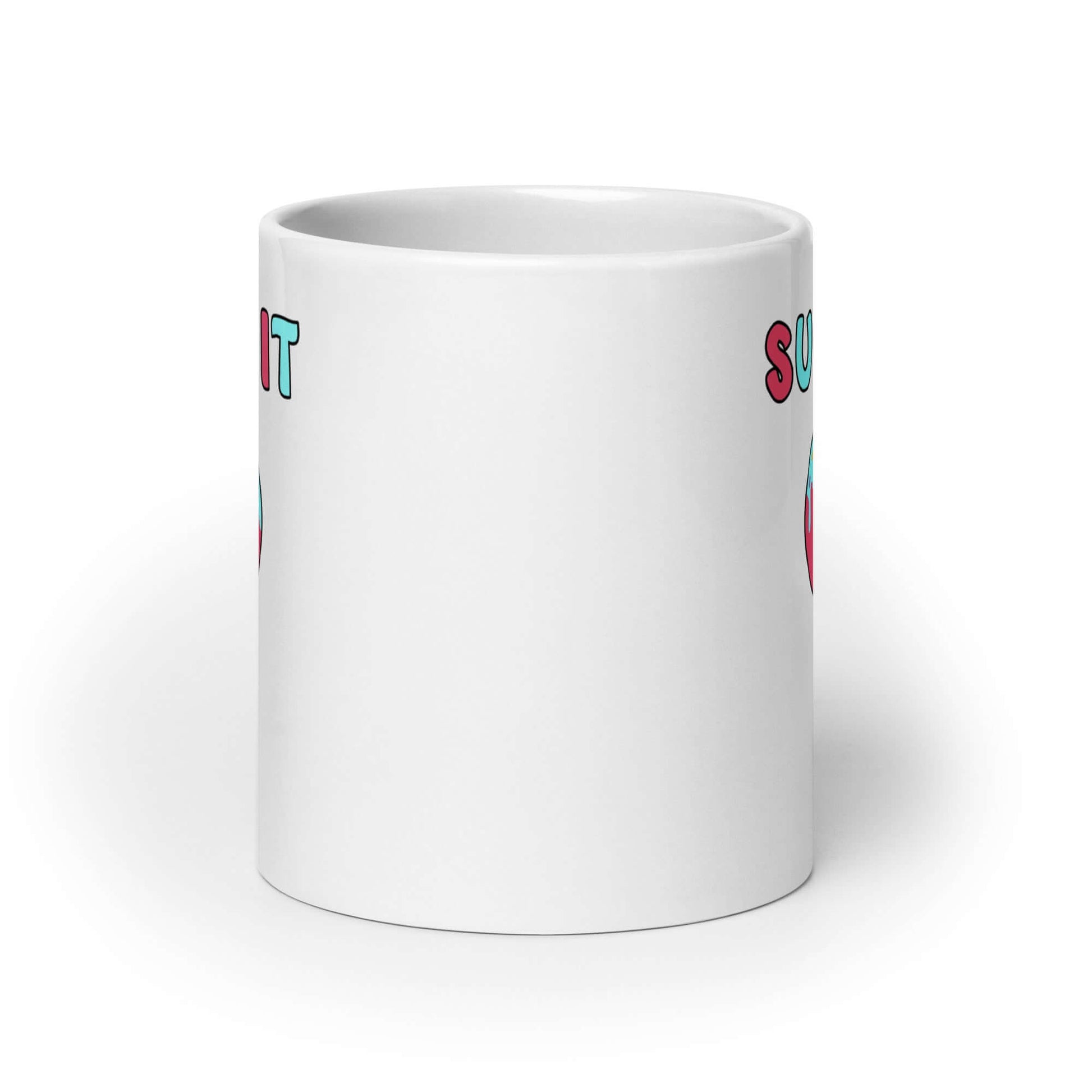 White ceramic mug with graphics of a kawaii style lollipop with the words Suck it printed on both sides.
