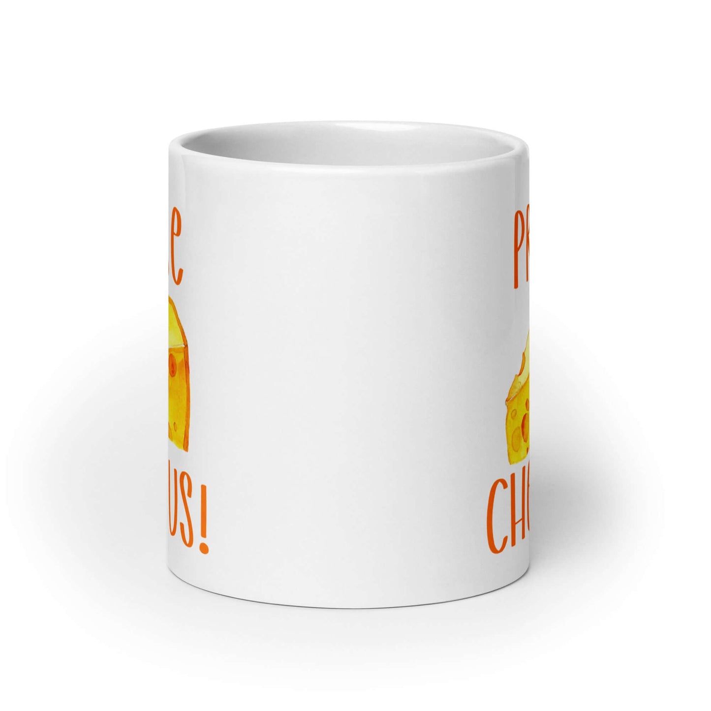 White ceramic coffee mug with funny graphics of a piece of swiss cheese and the words Praise Cheesus printed on both sides of the mug in yellow and orange.