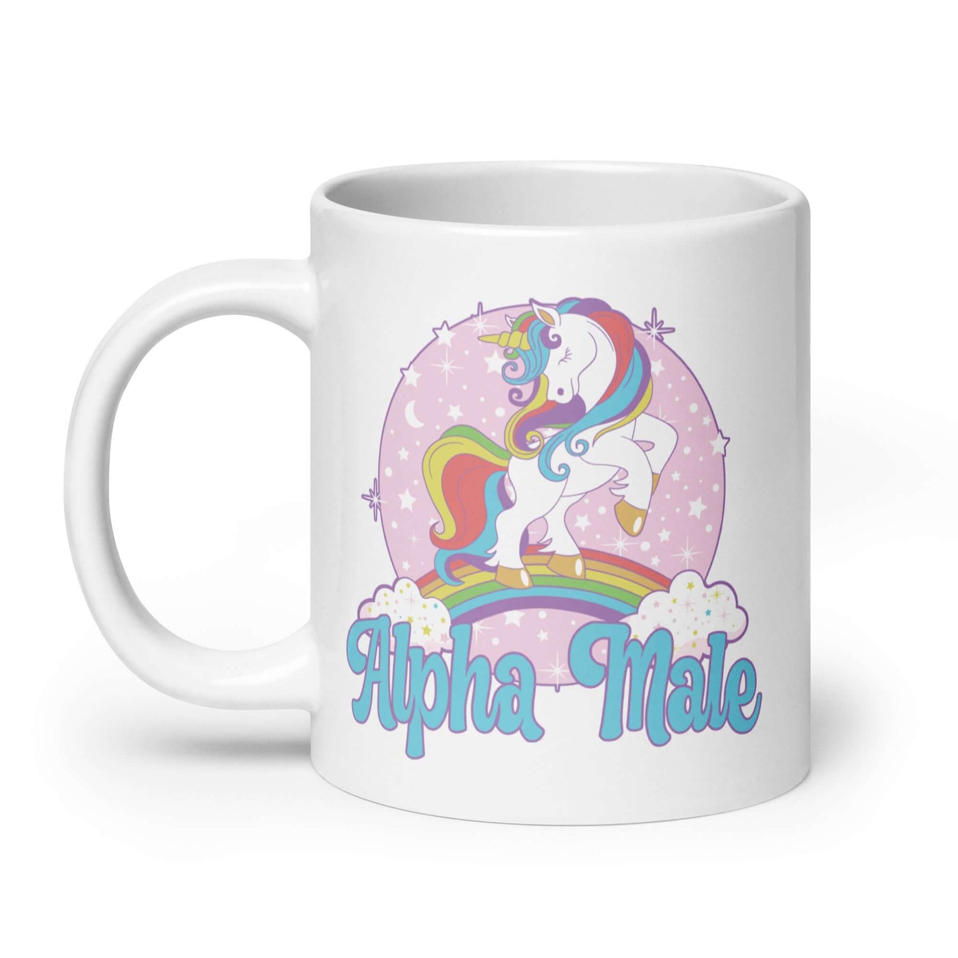 White ceramic coffee mug with funny Alpha Male pastel unicorn design printed on both sides of the mug.