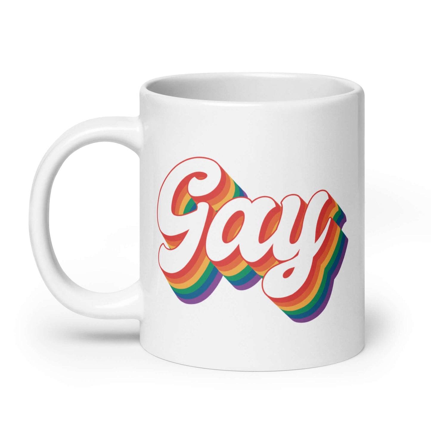 White ceramic mug with the word Gay printed on both sides. The word gay is outlined in rainbow.