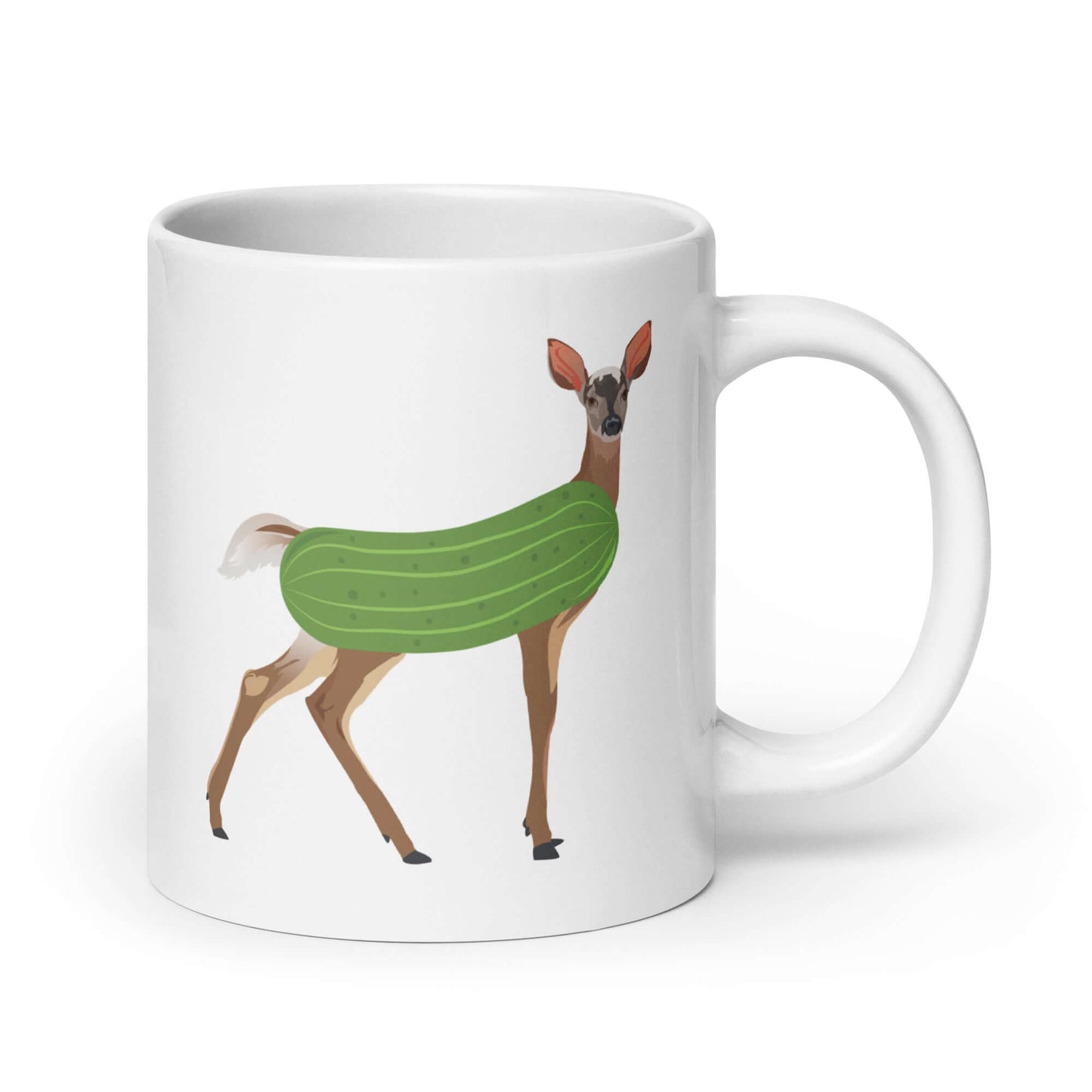 White ceramic dildo pun coffee mug with funny image of a doe deer with a dill pickle body printed on both sides of the mug.