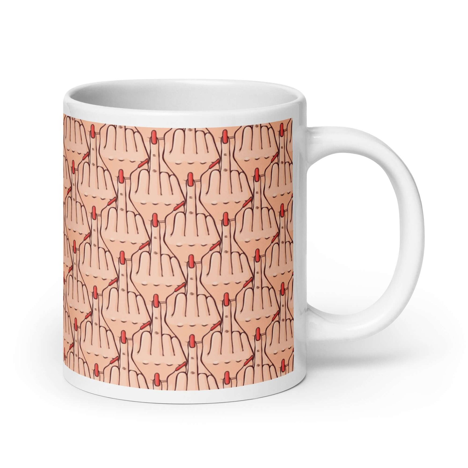 White ceramic mug with graphic of Caucasian womans hand flipping the middle finger. The finger has a long red fingernail. The graphic is overlapping and printed all over.