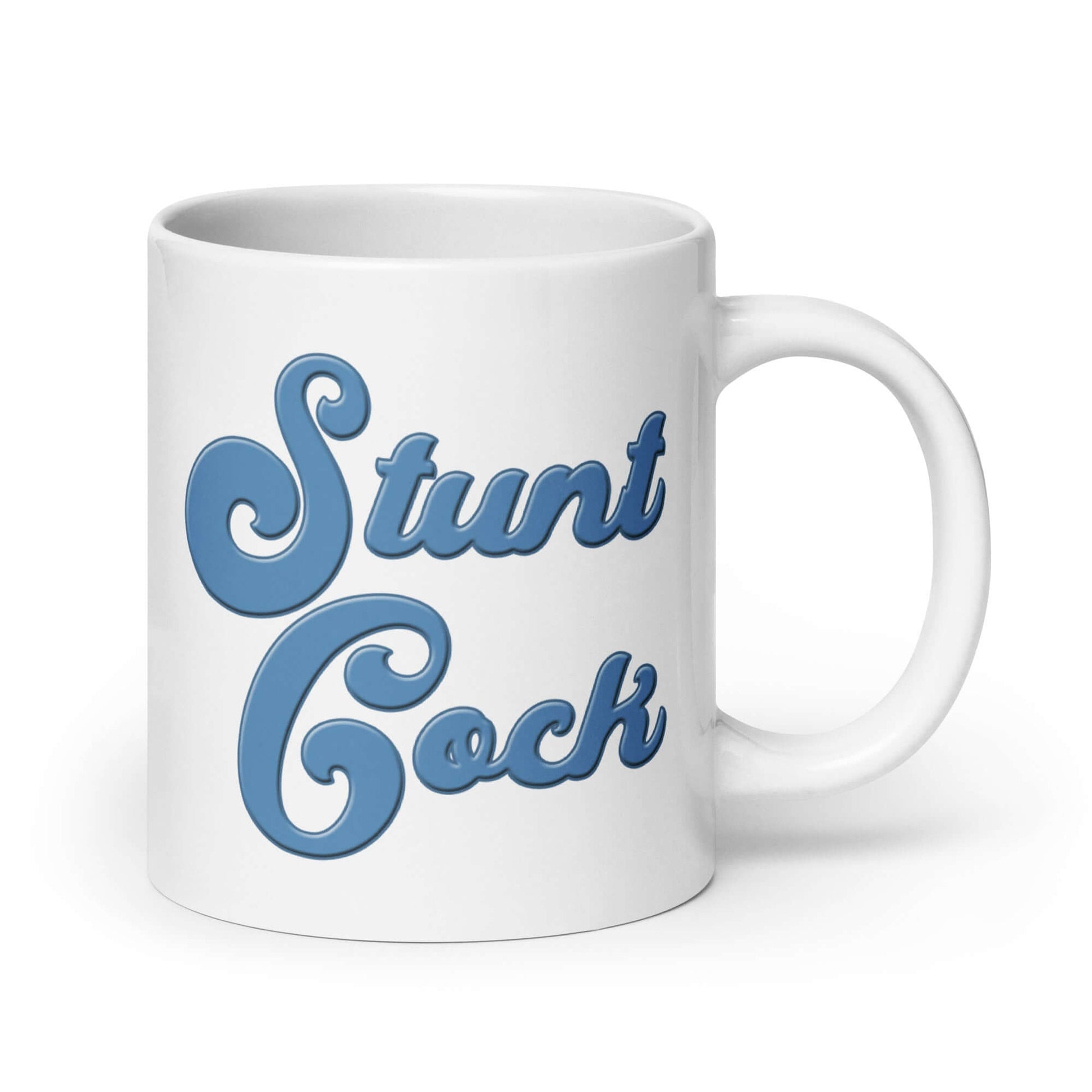 White ceramic mug with the words Stunt Cock printed on both sides in blue.