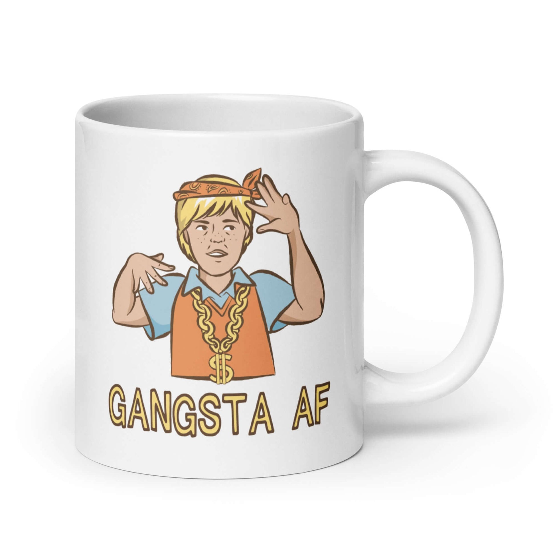 White ceramic mug with a parody image of a blond haired child trying to be a gangster with the words Gangsta AF printed on both sides.