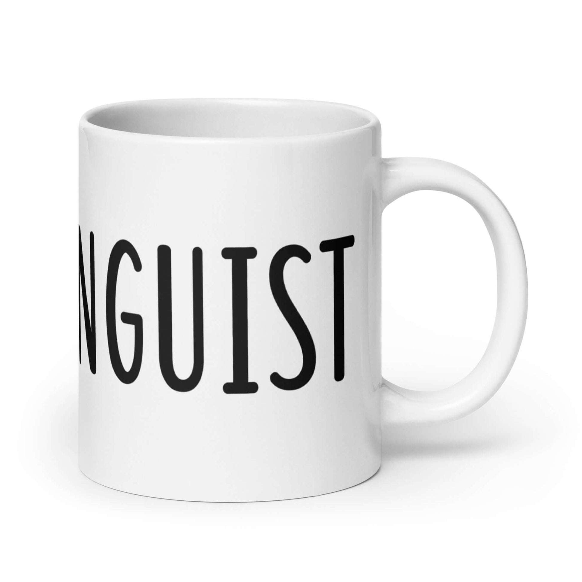 White ceramic coffee mug with the word Cunnilinguist printed on it. The word wraps all around the mug. 